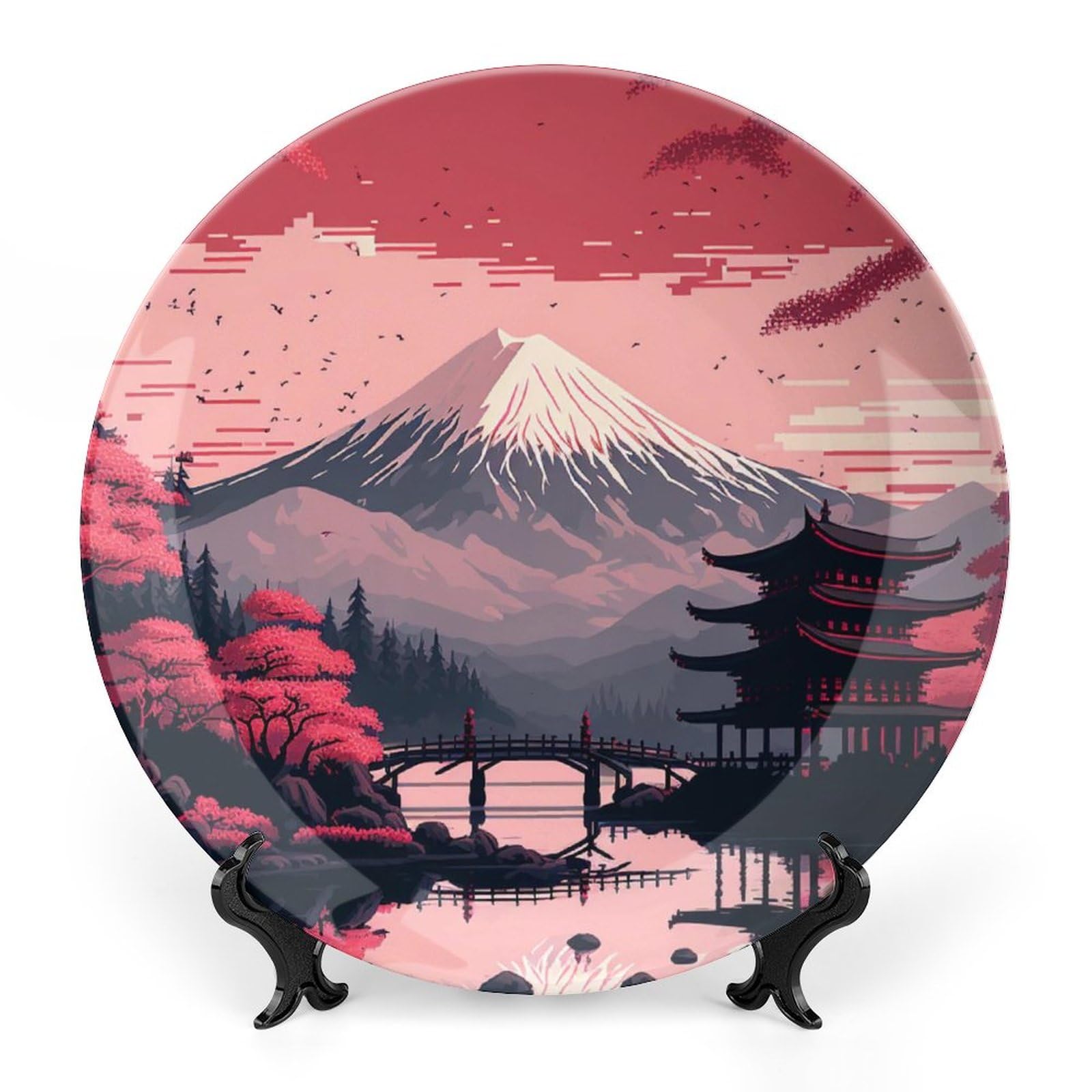 Dekoracyjne talerze do powieszenia na ścianie, Japonia Śnieg Góry i czerwone drzewa Vintage Malarstwo Płyta ceramiczna, Wobble-Plate ze stojakiem ekspozycyjnym, dekoracja domu do szafek kuchennych,