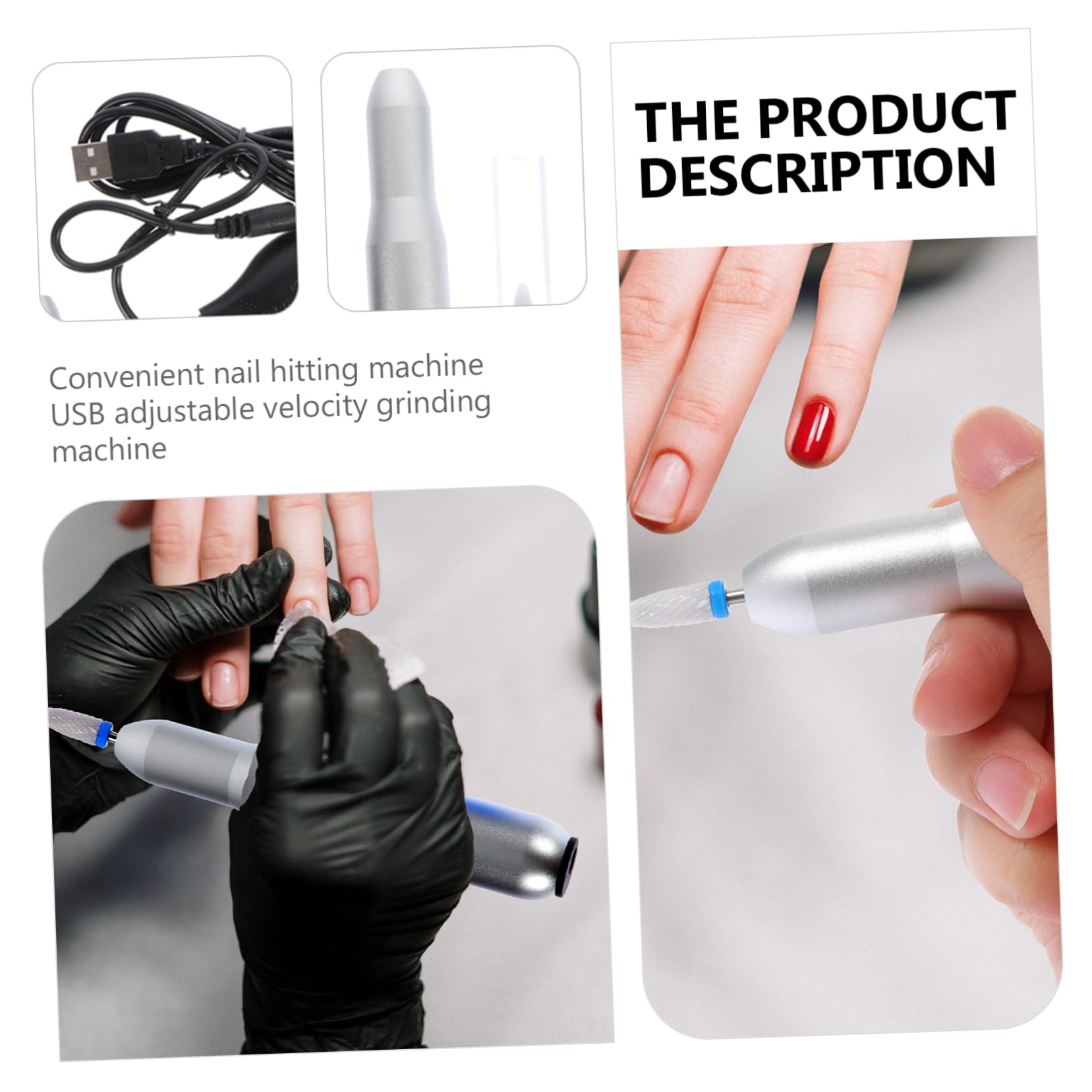 Lima de Uñas Eléctrica Portátil de Aluminio Plata 20000 Rpm USB | Juego de 1 Set, Cabezales de Lijado y Pulido, Línea de Carga Usb, Uso Profesional y Doméstico
