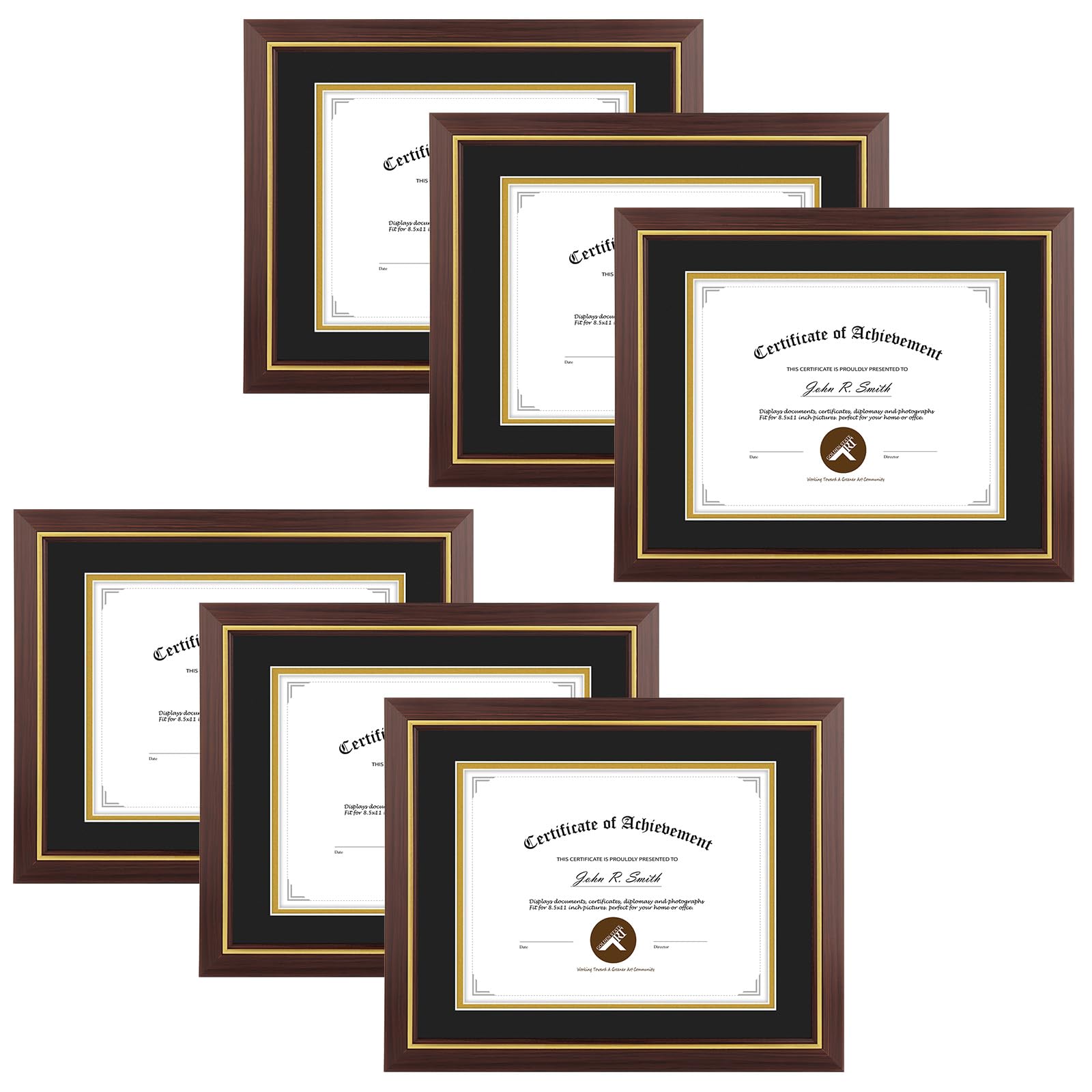 11x14 Diploma Frame Brown Gold Trim Fit 8.5x11 with Black W Gold Double Mat