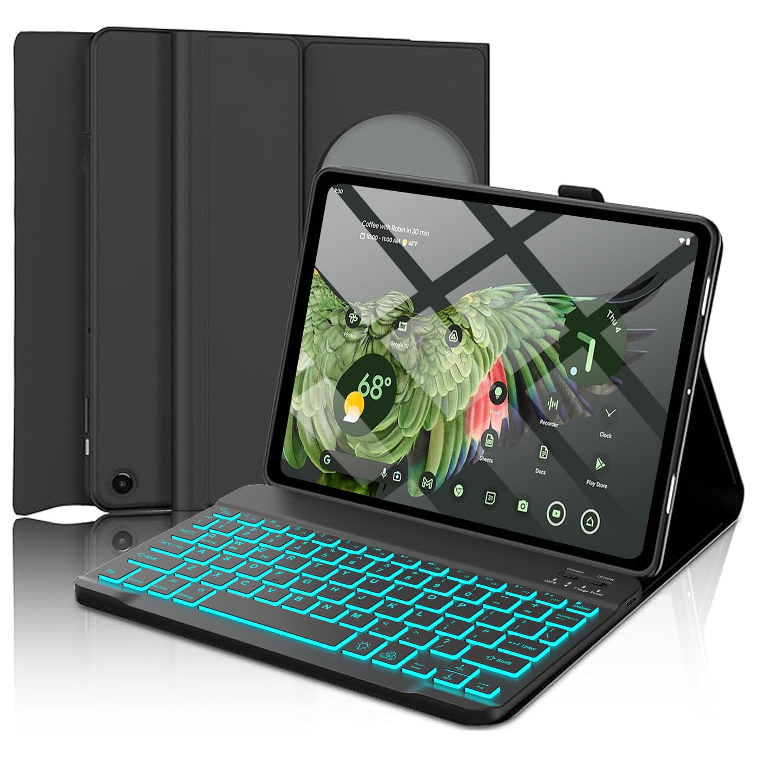 Pixel Tablet Keyboard Case 11” 2023/2024, 7 Color Backlight Detachable Bluetooth Keyboard Cover with Stylus Pen Holder, Google Pixel Tablet Case with Stand Support Charging Speaker Dock Black