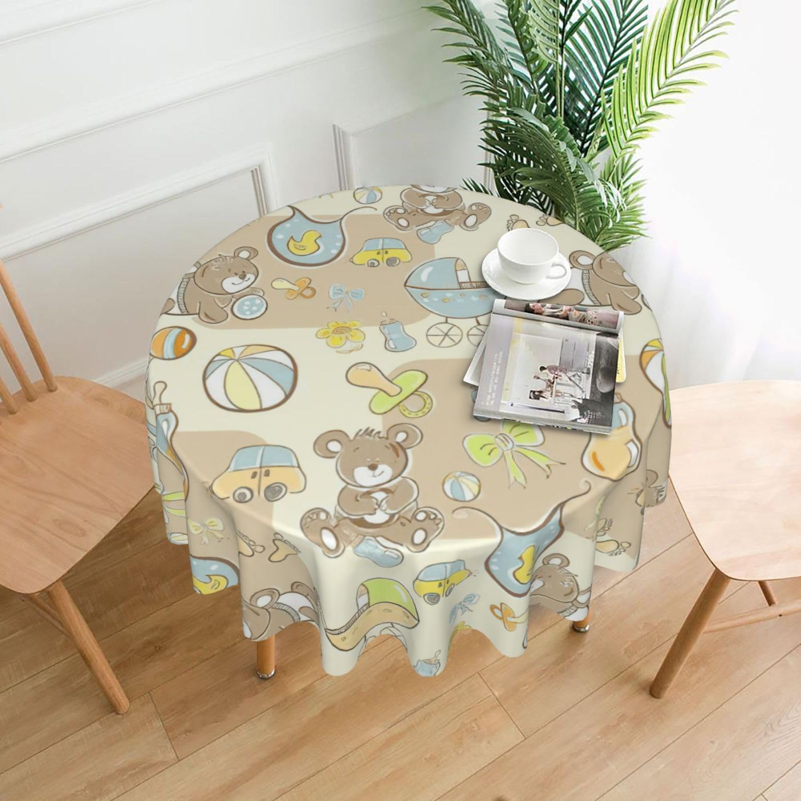 SDEGTHO Bear Print Modern Retro Round Tablecloth 60in Polyester Fabric Cover for Party Dining Table Washable