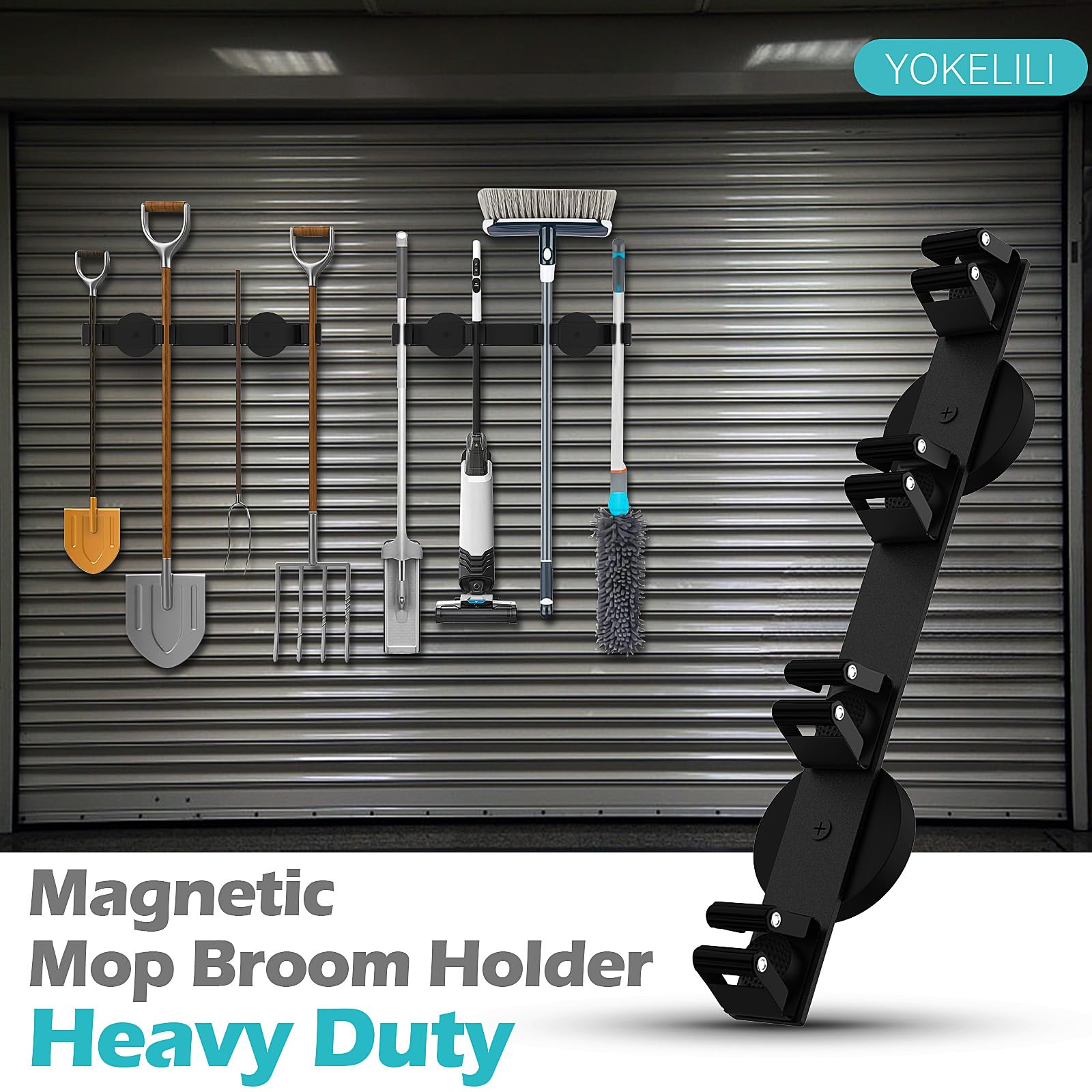 AIYOTAR Magnetic Mop & Broom Holder – Heavy Duty Wall Mount With Strong Neodymium Magnets & 4 Adjustable Clips, No-Drill Storage Rack For Garage, Kitchen, Laundry