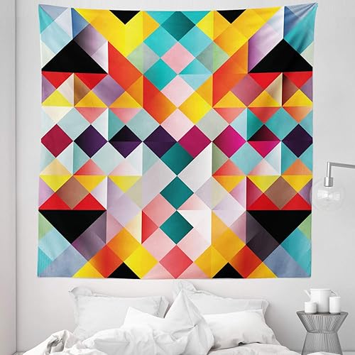 Lunarable Psychedelic Tapestry Queen Size, Retro Technology Abstract Geometric Pattern Nineties Design Pixel Art Print, Wall Hanging Bedspread Bed