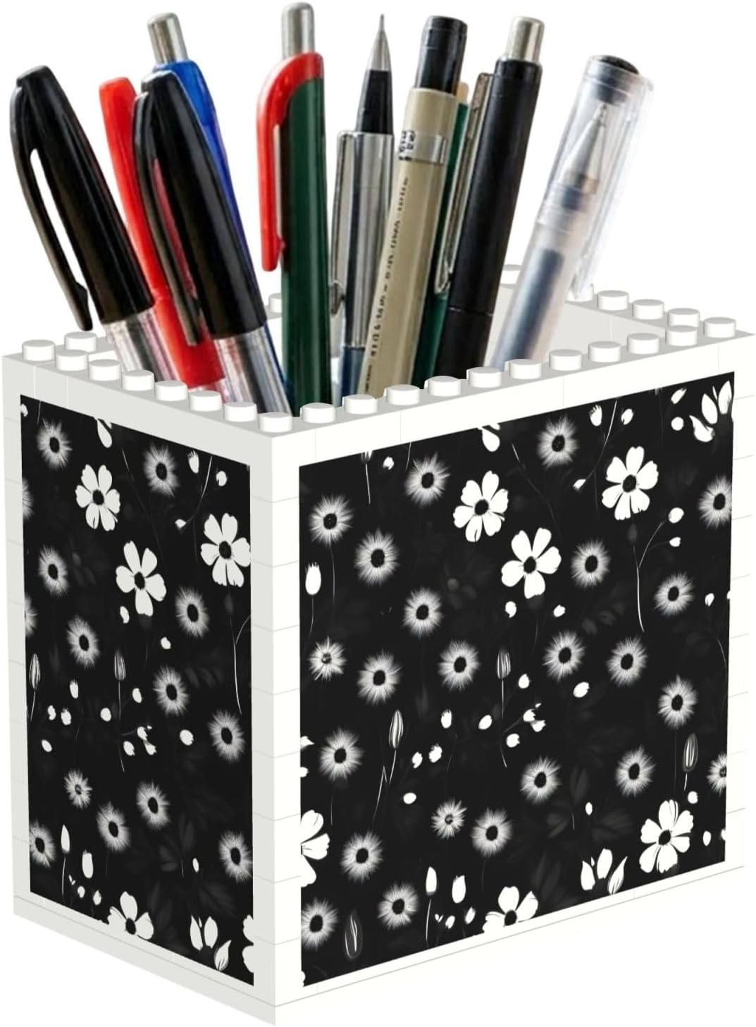 Black And White Floral Print Print Uv Print Block Pencil Cup, Detachable Creative Block Desk Organizer Office Abs Pen Holder