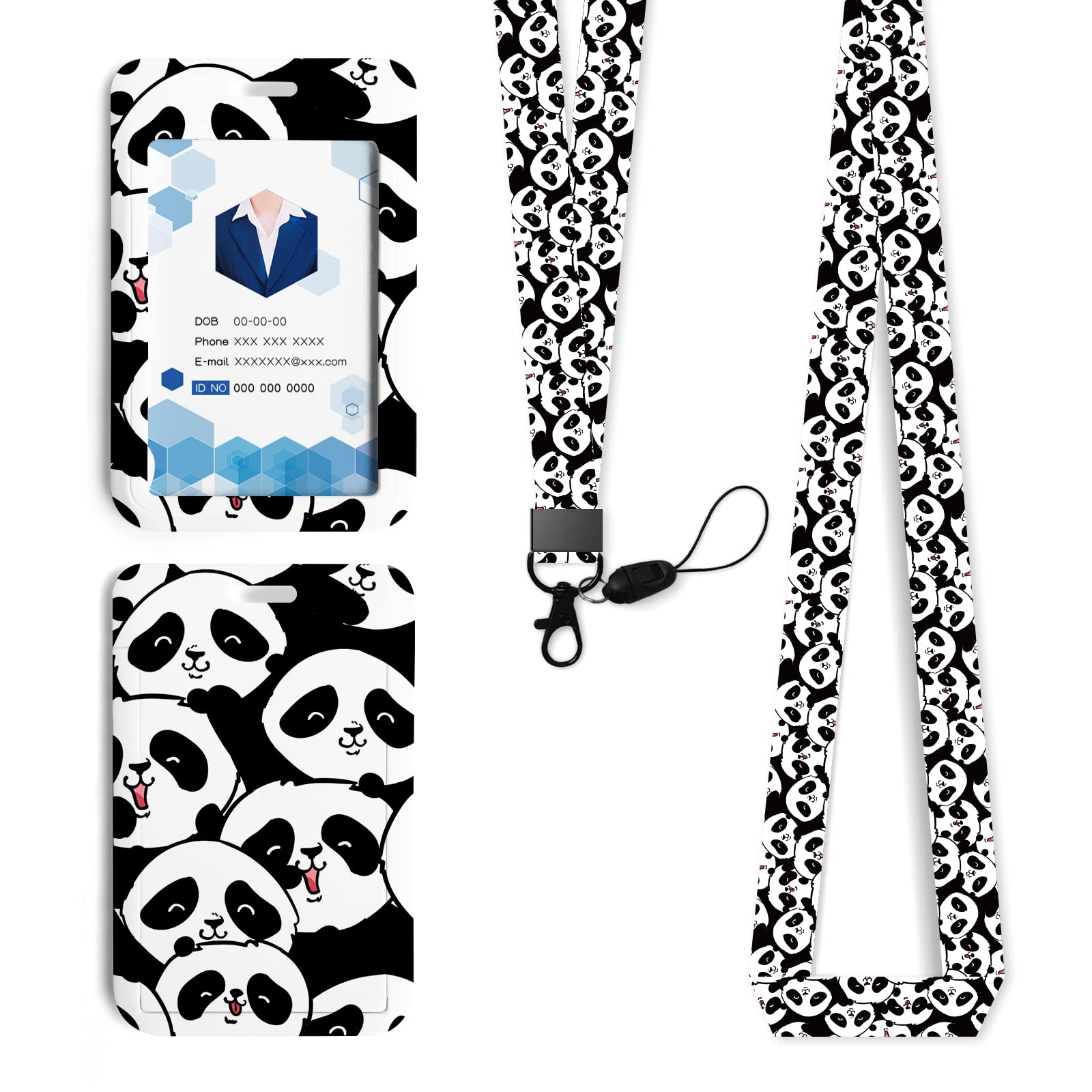 Id Badge Holder with Lanyard，Panda Lanyards for ID Badges Bear Neck Lanyard for Keys ID Badges Cute Fashion Key Chain Keychains Black and White Neck Lanyard for School Office Men Women Teen Kids