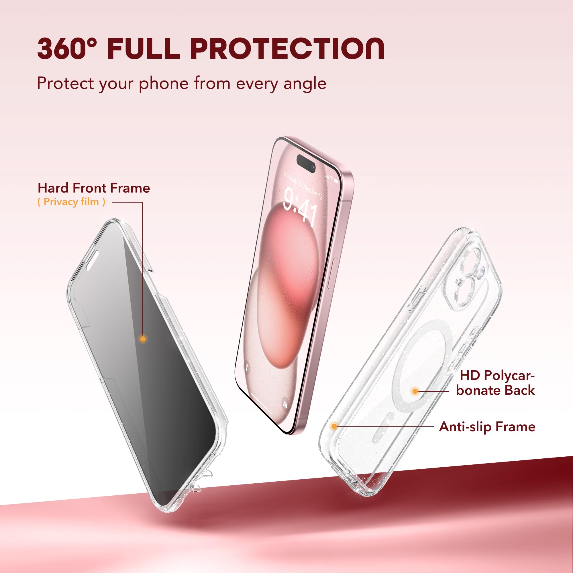 TIESZEN Custodia per iPhone 15, compatibile con MagSafe, protezione dello schermo privacy integrata e protezione della fotocamera, anti spia completa, antipolvere, antiurto, custodia rigida da 6,1