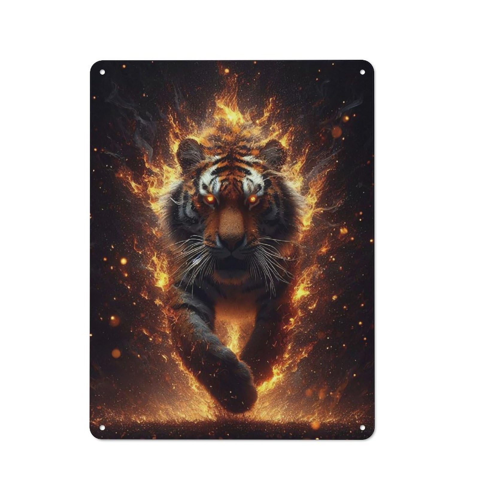 Junmoney Fiery Tiger - Abstract Animal Art Bistro Style Decorative Metal Plaque 40X30cm, Bistro Wall Plaque For Tea Room, Shop Wall Or Breakfast Area