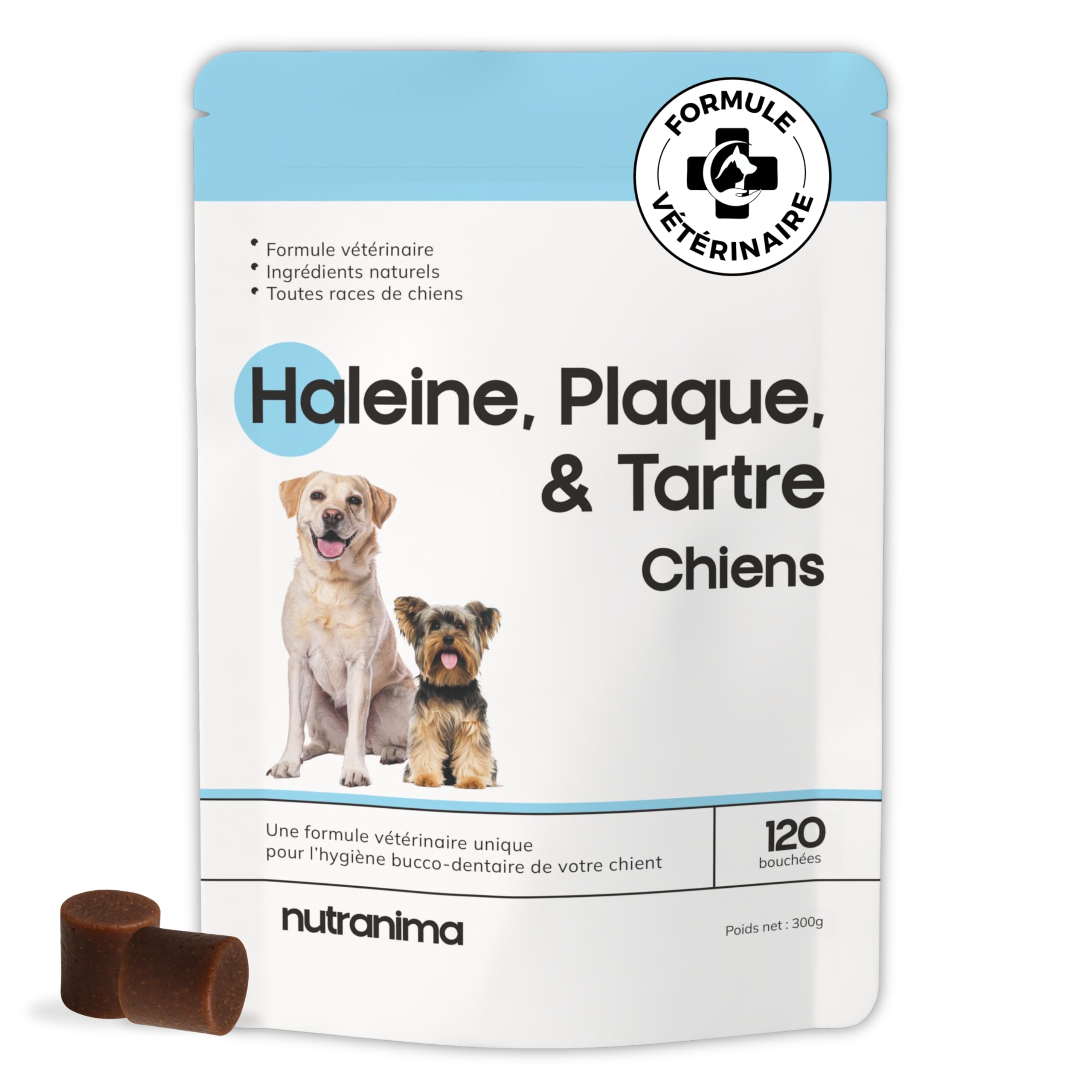 Aliento, placa y sarro para perros | Higiene oral y aliento fresco | Algas, levaduras, perejil y extracto de té verde | Suplemento dental | 120 bocados | Fórmula veterinaria francesa