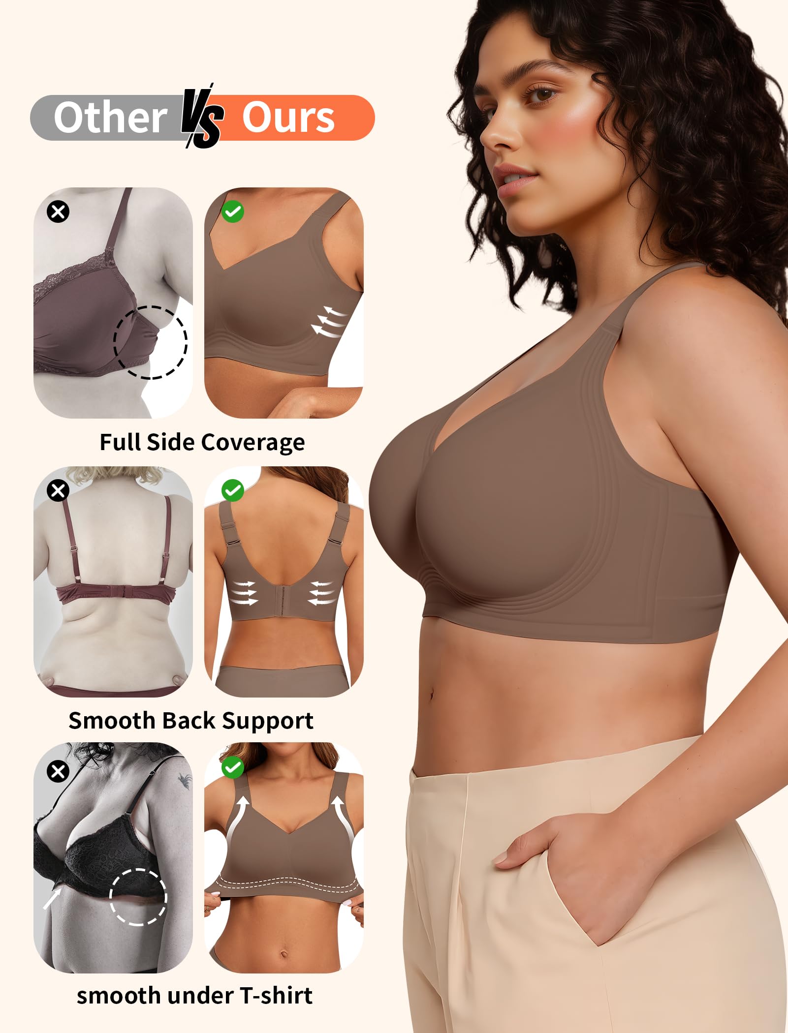 PoseFree Womens Seamless Wireless Supportive Bra Push Up Comfort Soft No Underwire Full Coverage T-Shirt Bra