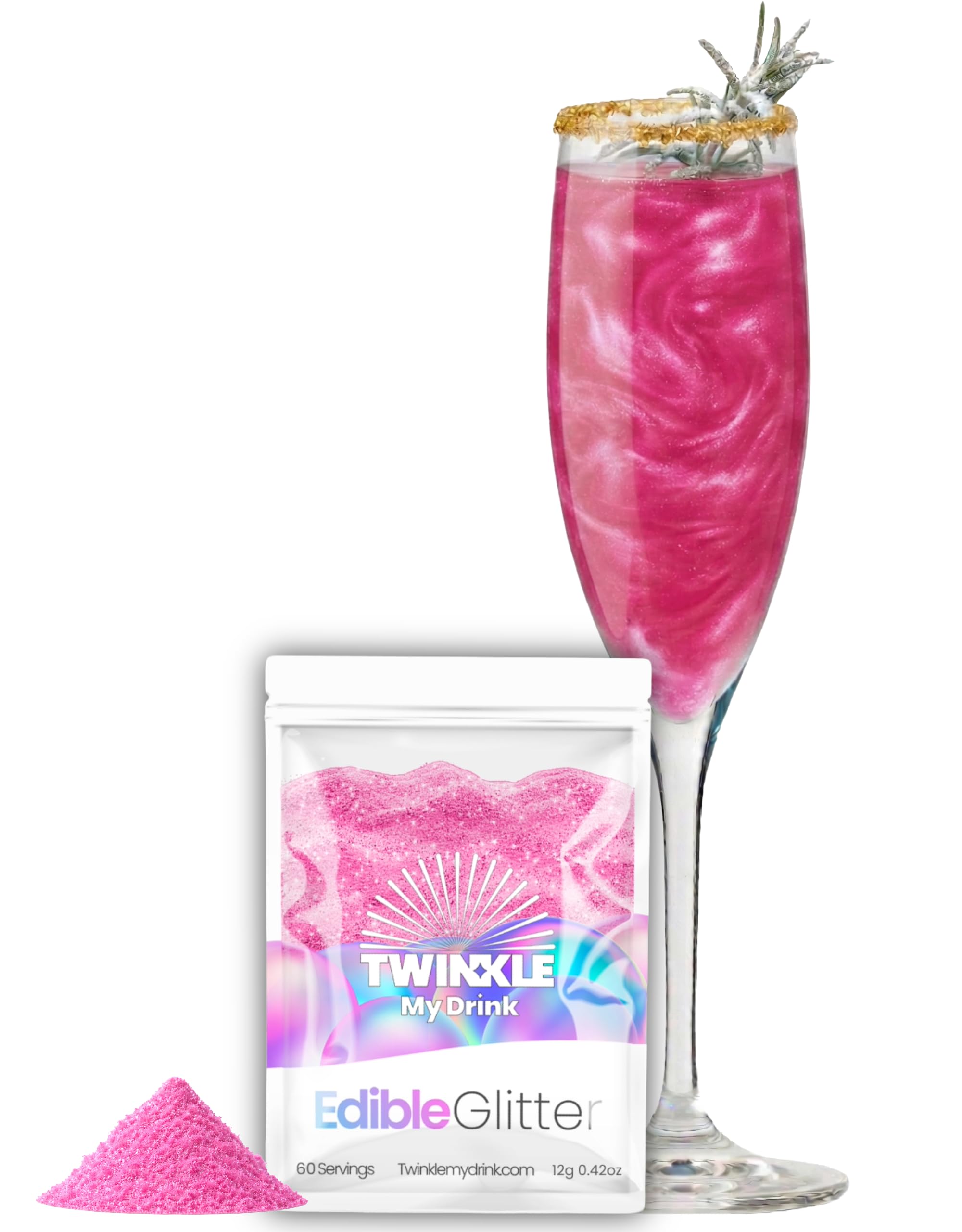Twinkle my Drink® Essbarer Glitzer für Getränke Pink - Gender Reveal Party Deko Mädchen - Rosa Glitzer essbar für Sekt & Likör - vegan, geschmacksneutral - 12g für über 60 Getränke…