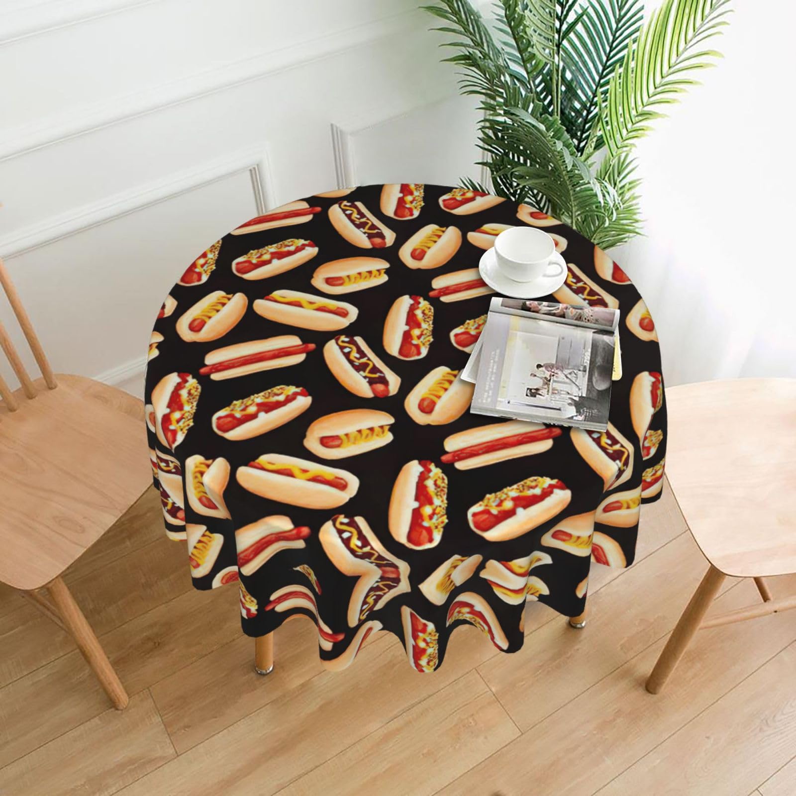 SDEGTHO Fun Food Hot Dogs Print Modern Retro Round Tablecloth 60in Polyester Fabric Cover for Party Dining Table Washable