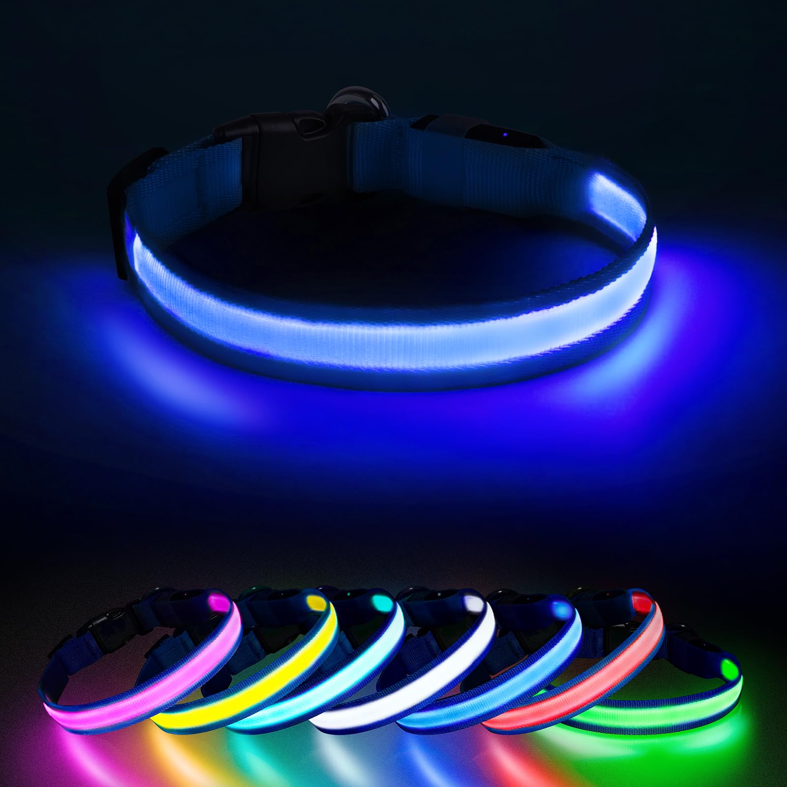 AUAUY LED-oplichtende hondenhalsband, USB oplaadbaar en waterbestendig met reflecterende knipperlicht voor het donker