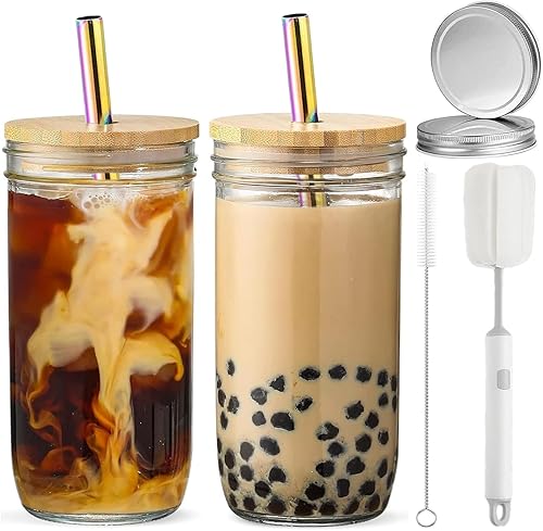 Miniatura 8 de ASANMEYO 2 Pcs 24 oz Glass Cups With Bamboo Lids and Straws & 2 Airtight Lids, Reusable Boba Cup Smoothie Cup Mason Jar Drinking Glasses Iced Coffee