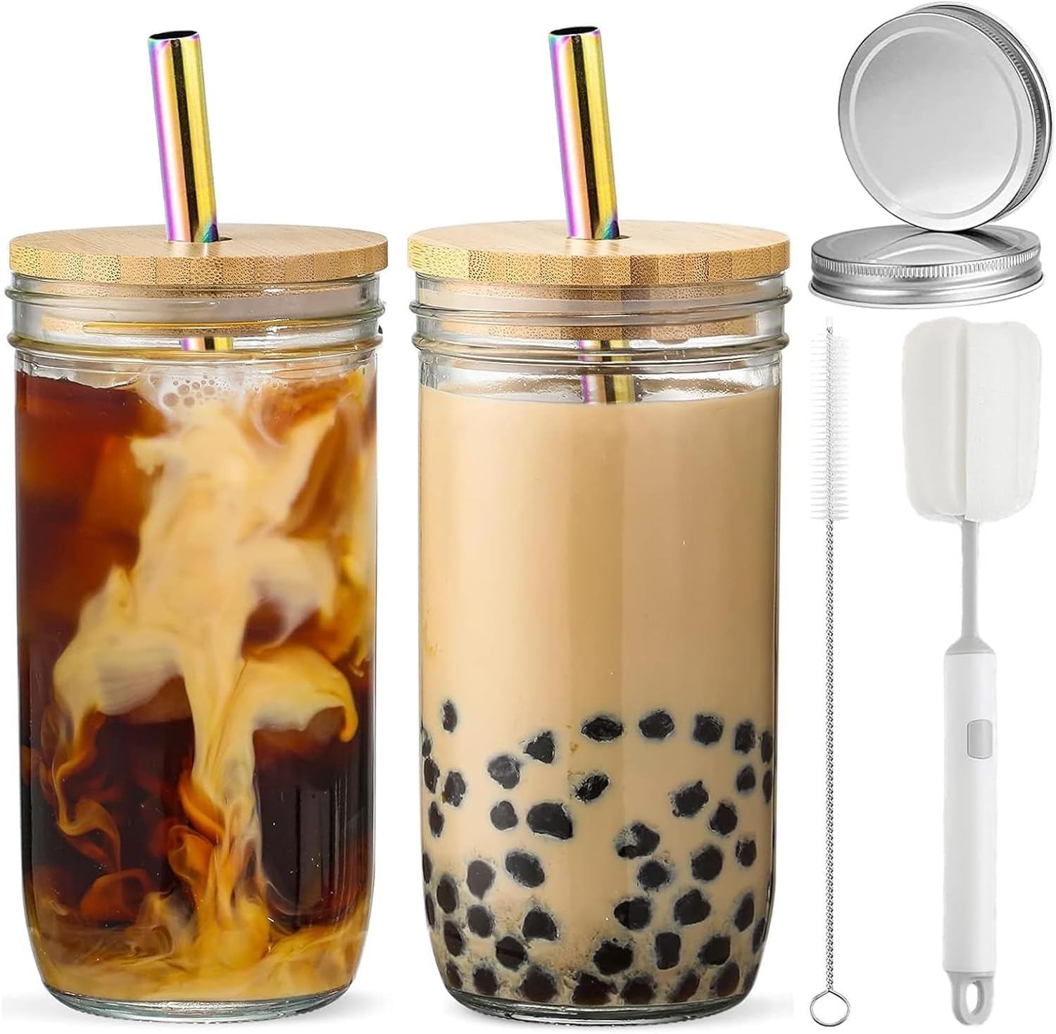 2 vasos de vidrio de 24 onzas con tapas de bambú y popotes y 2 tapas herméticas, vasos reutilizables para batidos, vasos de café helado, vaso de vidrio para té de burbujas, jugo, regalo