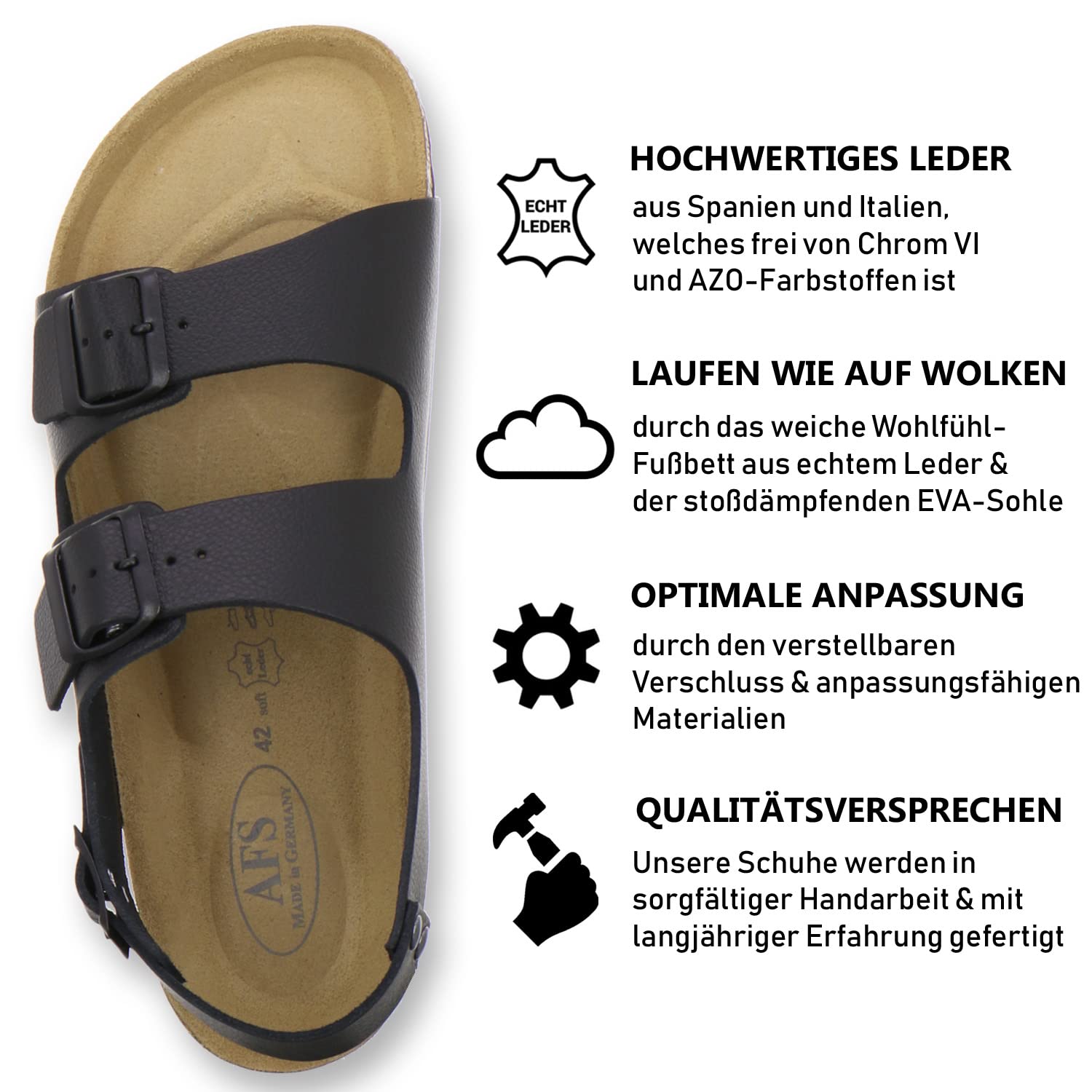AFS-Schuhe Comodi sandali da uomo in pelle, taglia 40-47 - Made in Germany