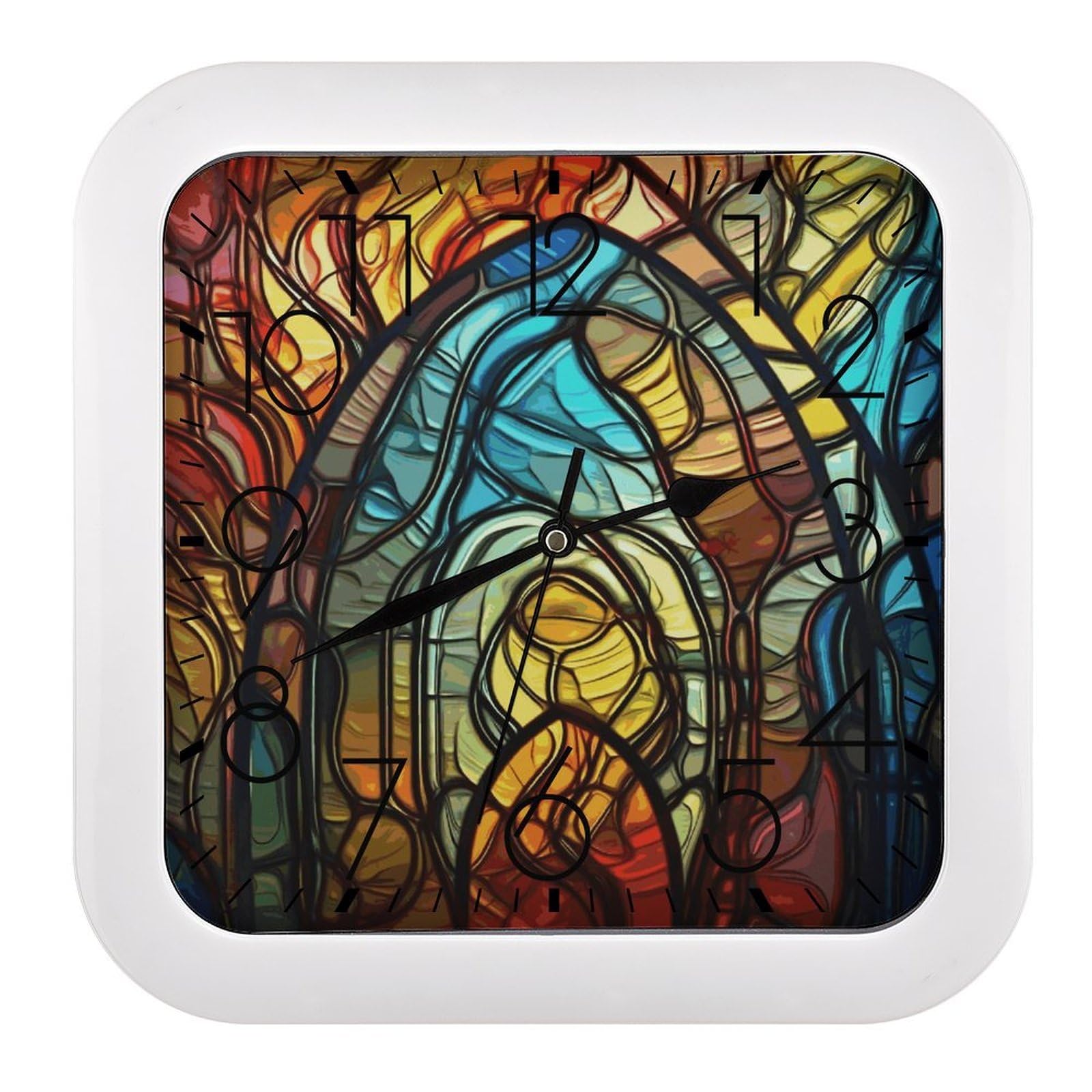 FekiLoot Stained Glass Art Wall Clock 10.2" Modern Farmhouse Square Clocks Silent No Ticking, Wall Art and Timepiece Clock for Shelf Table Mantel Or Bedside Clocks