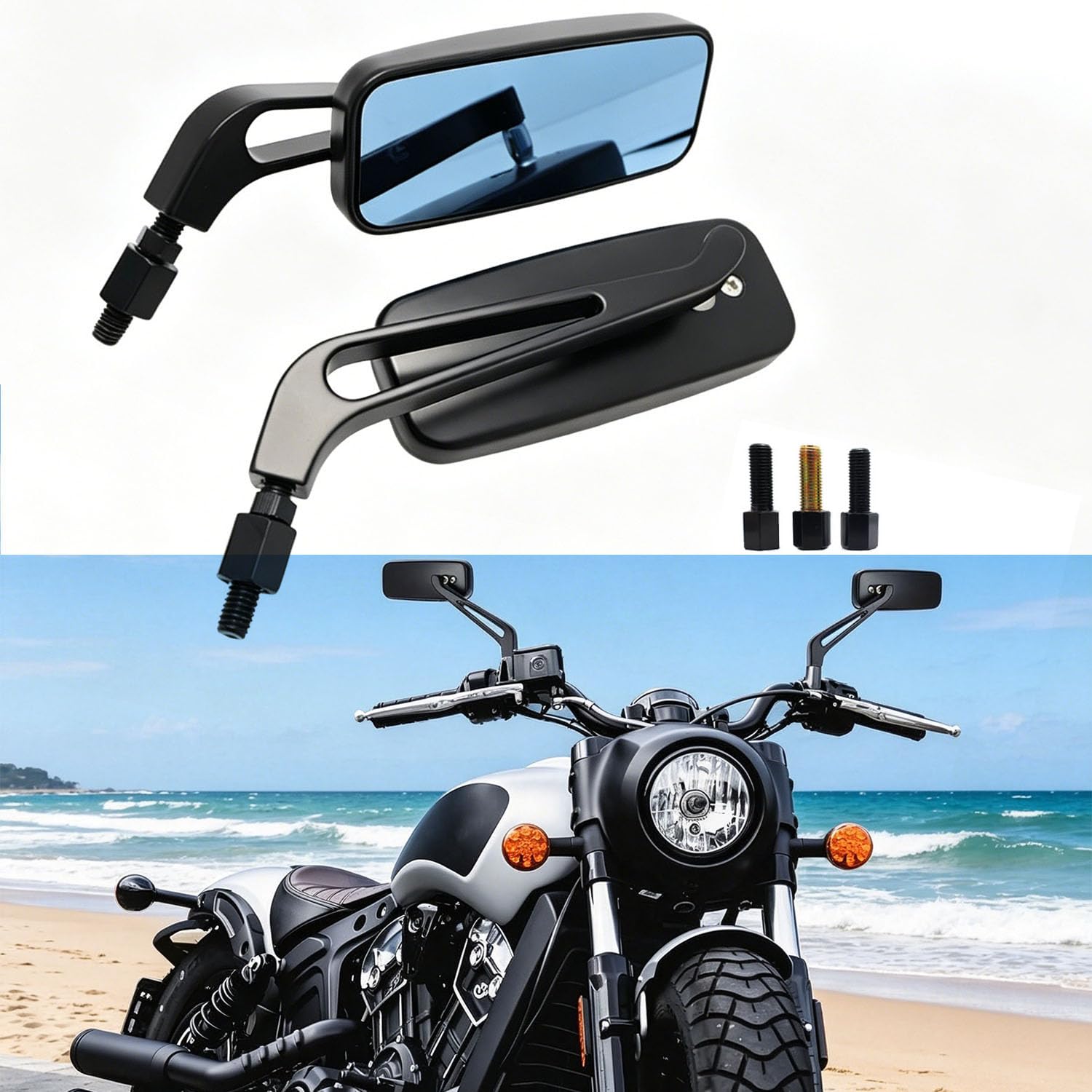 8mm 10mm Specchietti laterali Moto,Moto Rettangolo Specchietto retrovisore Manubrio Specchietto laterale per Street Bikes Sport Bikes Bobber Chopper