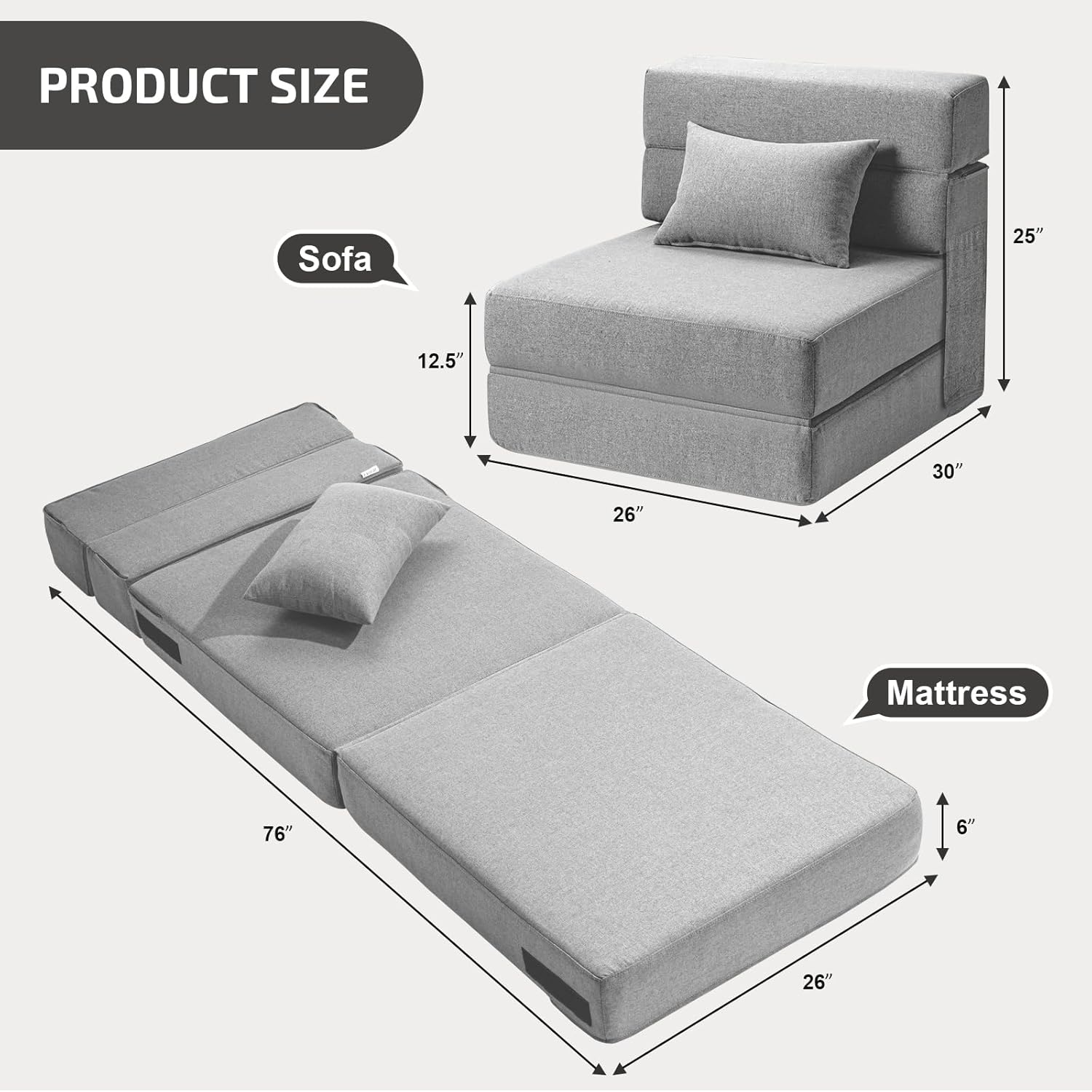 suyols folding sofa bed with pillow- convertible chair floor couch & sleeping mattress, foldable memory foam sleeper for living room/dorm/guest room/home office/apartment/loft, single26, light gray light gray single(26" width)