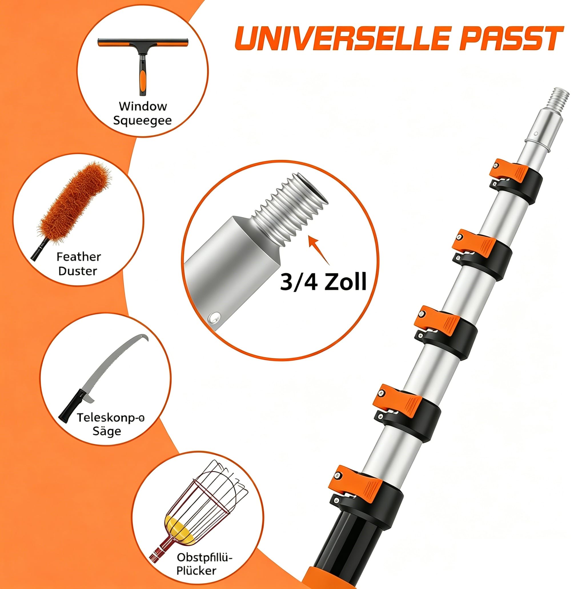 Autowaschbürste mit langem 4,3 m Teleskopstab, 30,6 cm weiche Borsten, für Auto, Wohnmobil, LKW, Boot & Solarpaneele, Orange