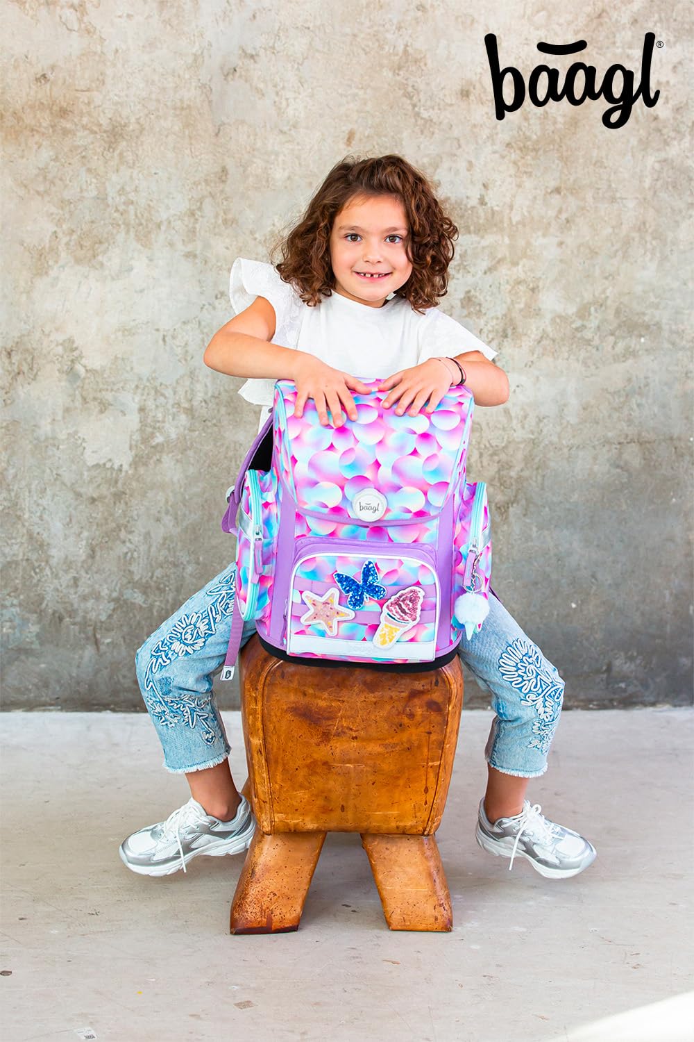 Baagl Juego de 5 Mochilas Escolares para niños y niñas (Mochila Escolar Ergo para 1ª Clase, Estuche, Bolsa de Gimnasio, Delantal, Bolsa de Pecho), Mochila Escolar ergonómica, 19 l, Candy, Juego de