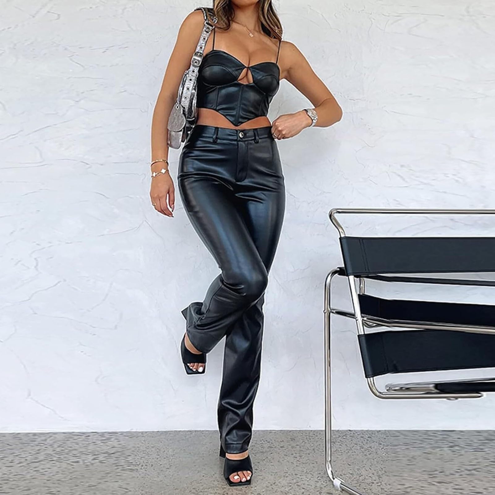 SIYAN Schlaghose Damen High Waist Bootcut Lederhose Lederoptik Wide Leg Jeans Sexy Push Up Skinny PU Legging Stretch Kunstlederhose Petite Bootcut-Bein, Lederjeans, PU Mit Taschen