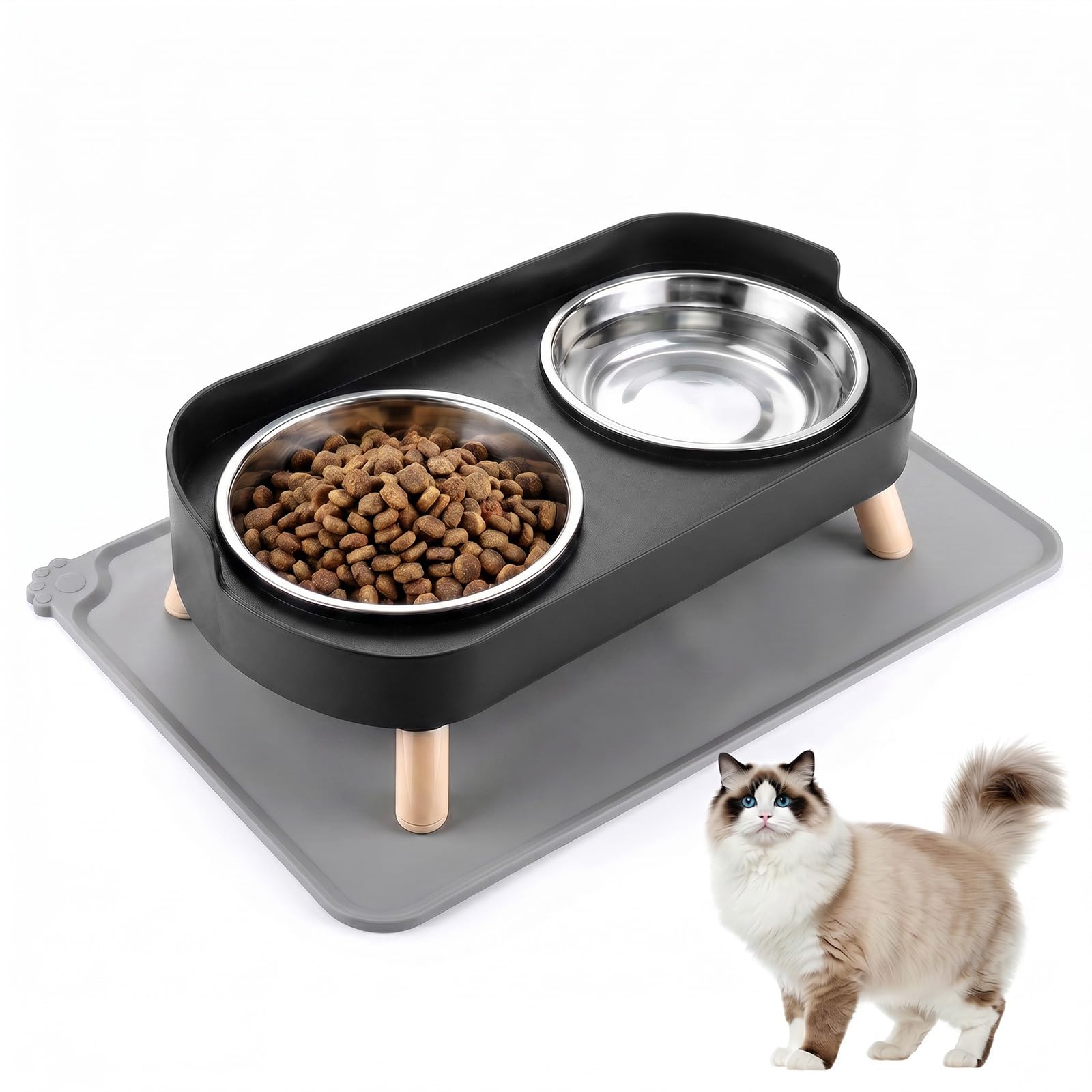Raised Cat Food Bowls - Elevated Cat Bowls with Stand & 2 Stainless Steels Bowls, Anti-Slip Cat Food Mat Anti Vomiting Pets Food Feeding Dishes for Cat and Small Dog, Black
