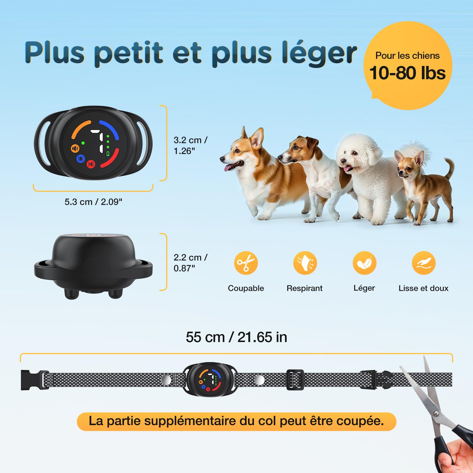 Collar Antiladridos Perros Pequeños Recargable, Antiladridos, Súper Fino y Ligero, 3 Modos y 7 Niveles de Sensibilidad, Detección Inteligente de Ladridos, Impermeable IP67 para Perros Pequeños
