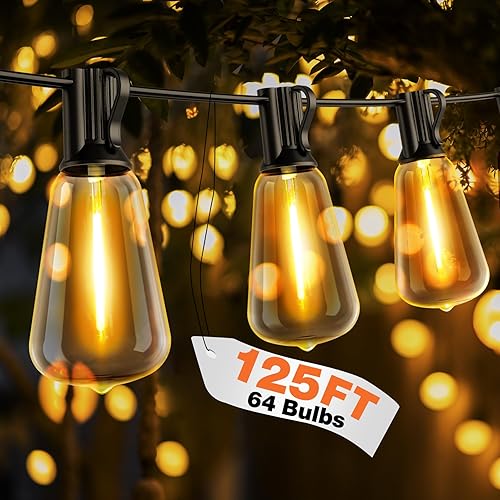 Sweepulire 125FT LED Outdoor String Lights, Patio Lights with 64 Shatterproof Bulbs, 2200K Warm White LED Lights Waterproof, Outside Hanging Decorative String Lights for Deck, Garden, Backyard
