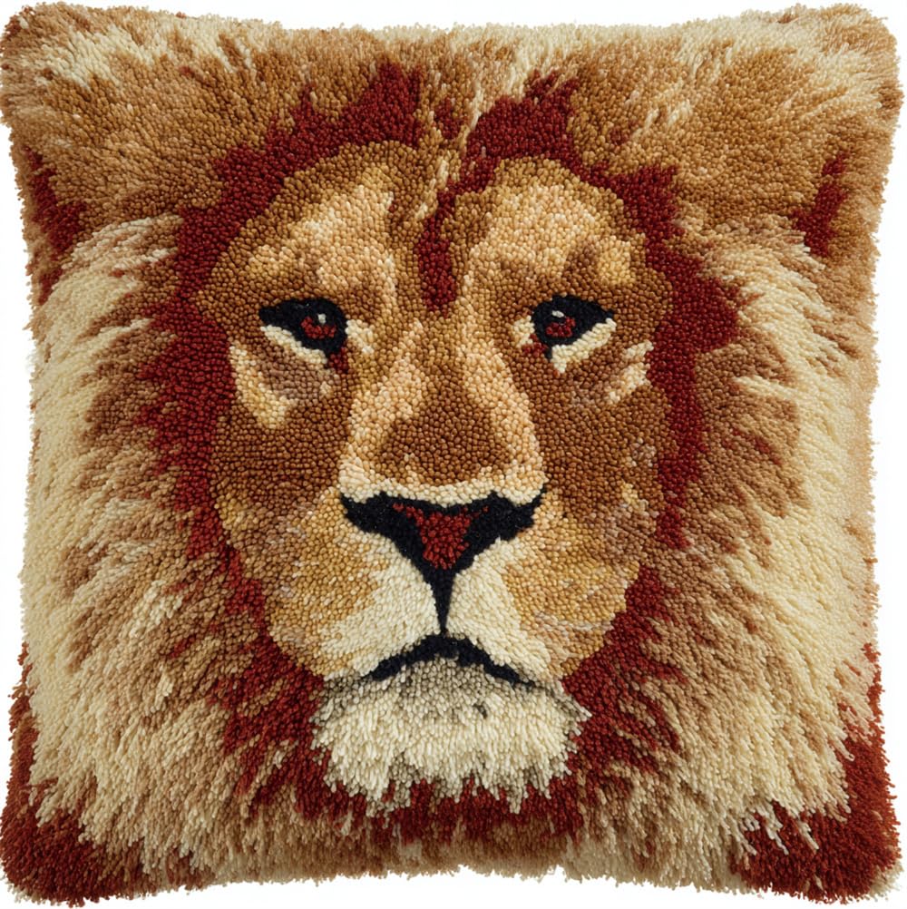 Taxpy Latch Hook Pillow Cover Kits for Adults Beginners,Lion Face Pre-Printed Embroidery Cushion Kit Latch Hook Kit Cushion Cover Making for DIY Starter Project,17X17Inch