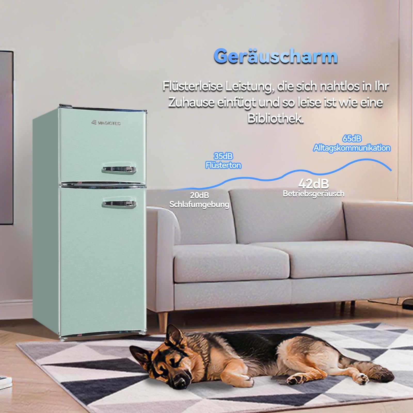 Magictec Retro Kühlschrank mit Gefrierfach 120L Low Frost Kühl Gefrier Kombination Vintage Design LED Beleuchtung Matcha-Grün