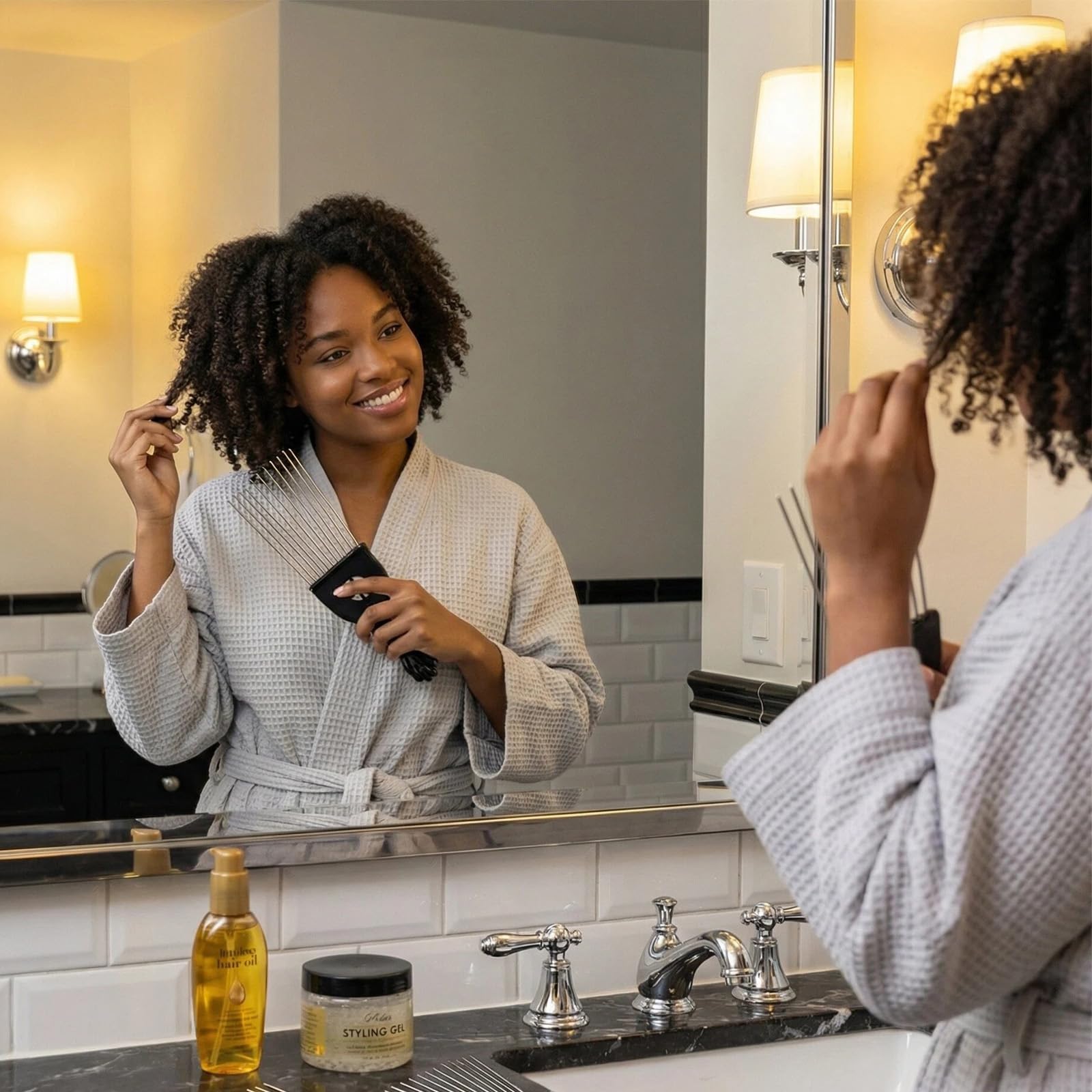 Peine de dientes anchos para cabello rizado y grueso de metal (3 unidades, herramienta de peluquería para hombres y mujeres, con mango de plástico)