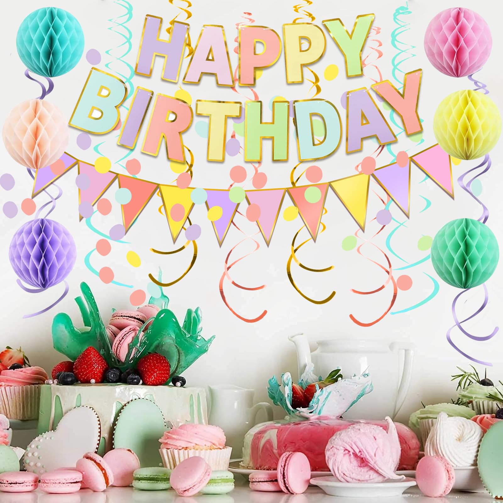Fecedy Pancarta de feliz cumpleaños con banderines de papel coloridos, guirnalda de confeti, guirnalda de confeti, remolino, serpentinas, bola de panal para fiesta de cumpleaños