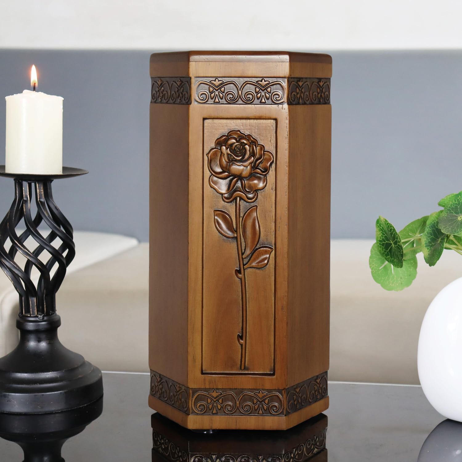 Urns for Wooden, Cremation Urn for Human Ashes Adult - Hand Engraving Rose Flower - Funeral Urn for Mother/Dad - Display Burial at Home or in Niche at Columbarium (Large Wood Decorative Urn - Image 2
