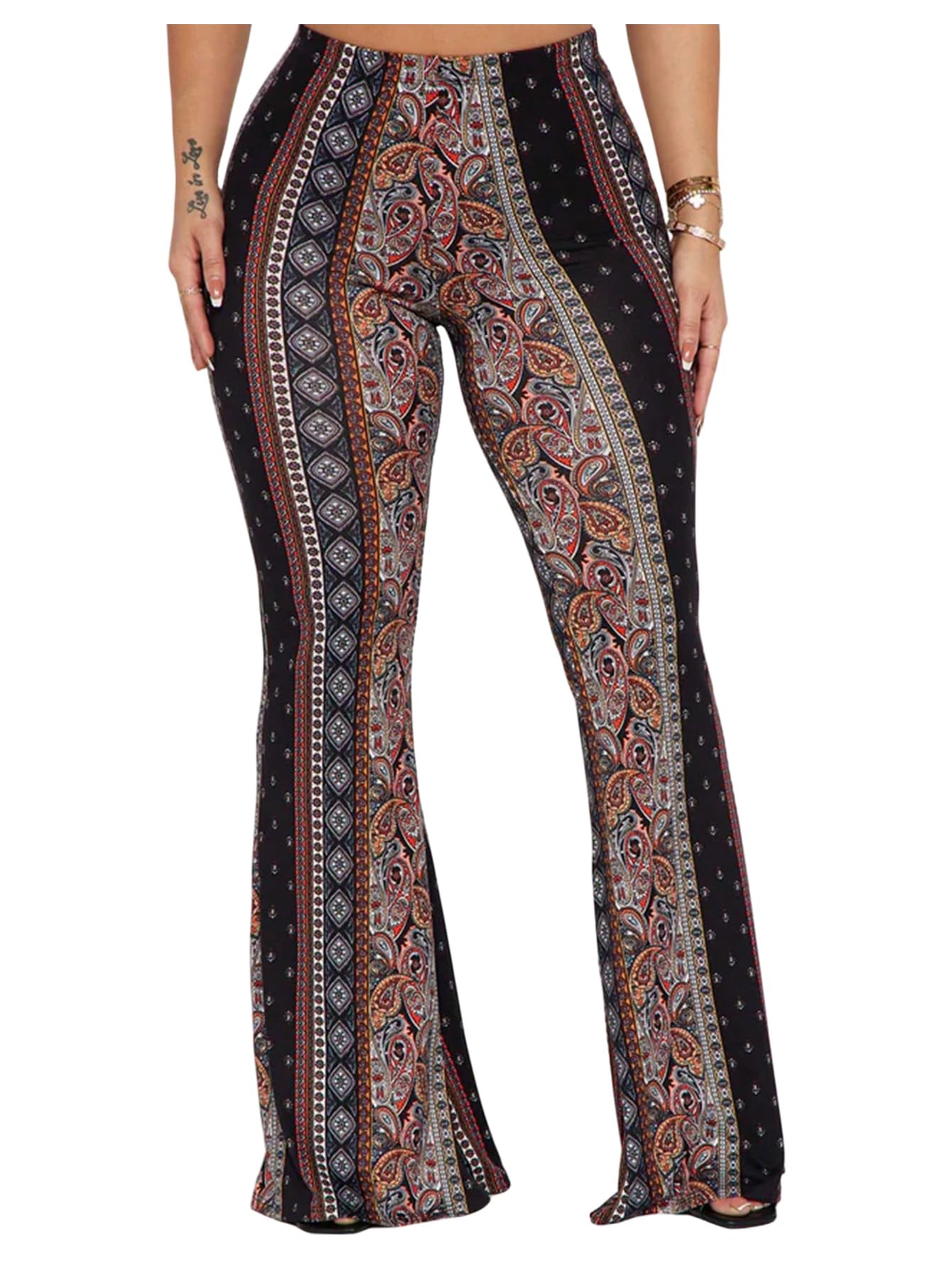 WDIRARA Womens Boho Print Flared Pants Elastic High Waisted Bell Bottoms Trousers