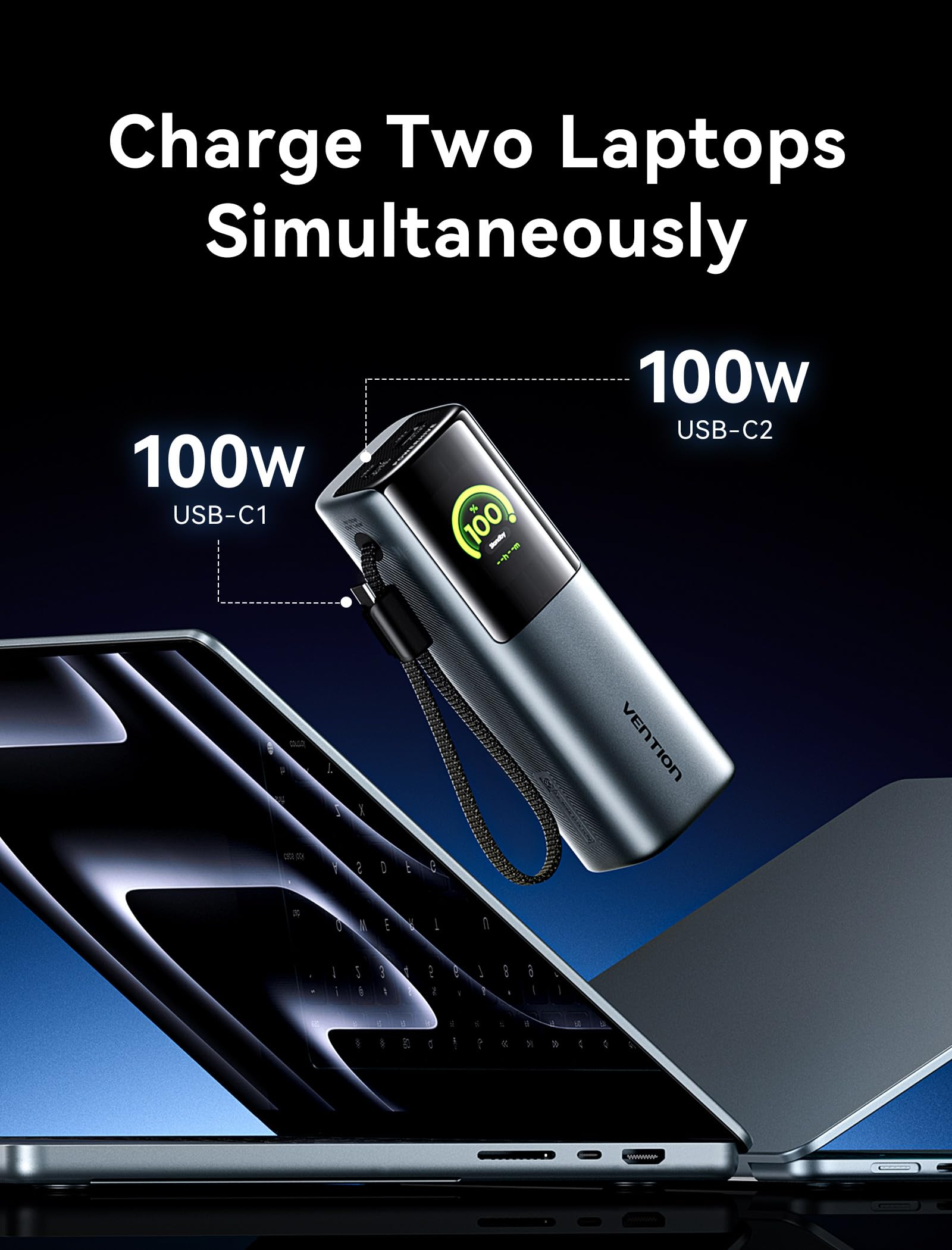 VENTION Power Bank 27000 mAh 200W, batería Externa Carga rápida con Pantalla Digital y animación Emoji, Cable USB-C Integrado, 2× USB-C + USB-A, para MacBook Pro, DELL/HP, iPhone 17/16/15, Galaxy
