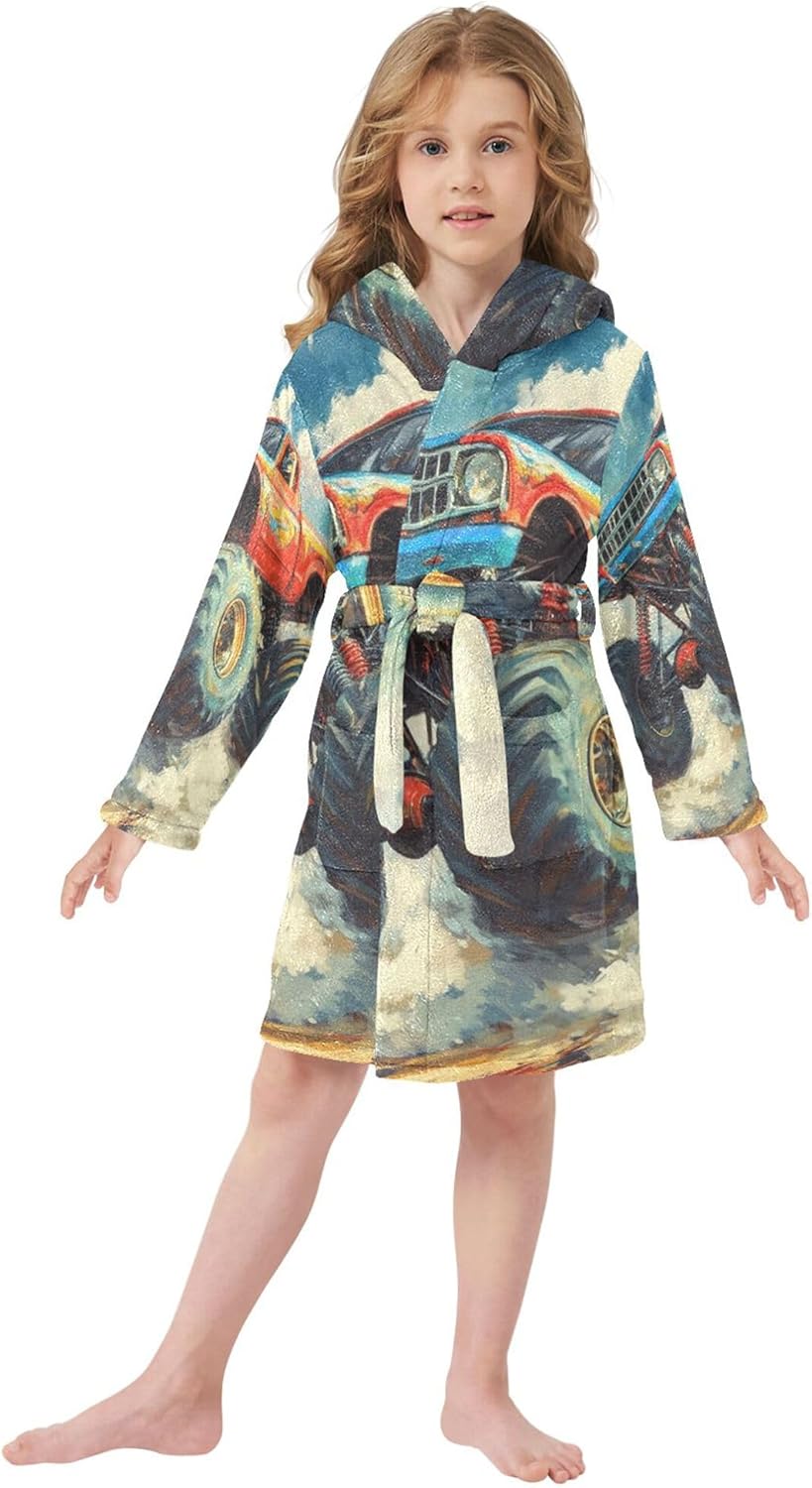 Large Monster Trucks Cars Bathrobe Hooded PJ Robe Soft Fleece Robe Pajama Sleepwears 2-12 Years