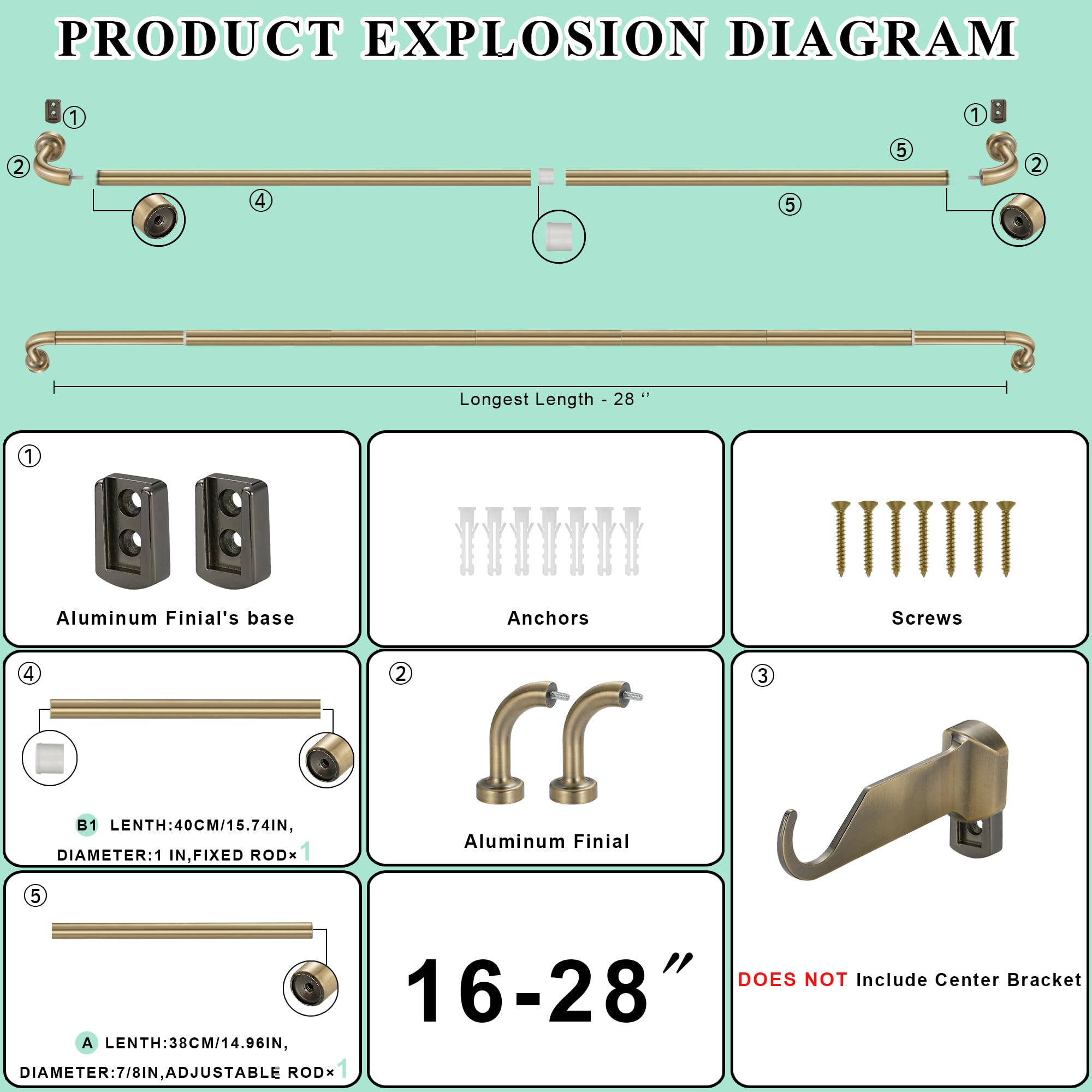 Tringle à rideaux réglable en bronze antique pour fenêtres de 40,6 à 71,1 cm, épissure interne de 2,5 cm de diamètre, tringle à rideaux occultants avec embouts et supports en aluminium, design