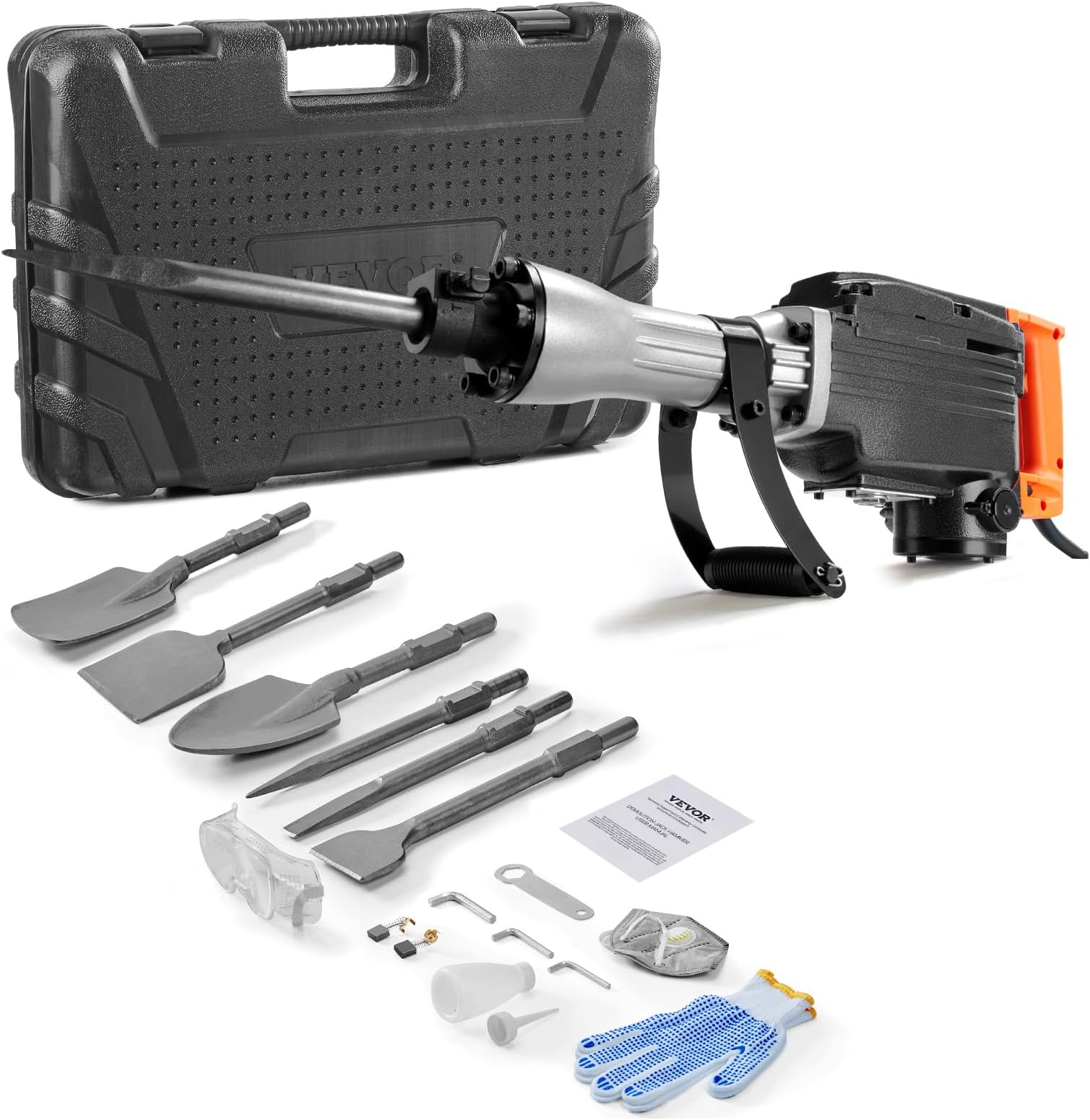VEVOR - Demolition Hammer, 1350BPM, Concrete Crusher, 6 Pieces Chisels with Case, 2200W Electric Hammer, Heavy Duty, Black
