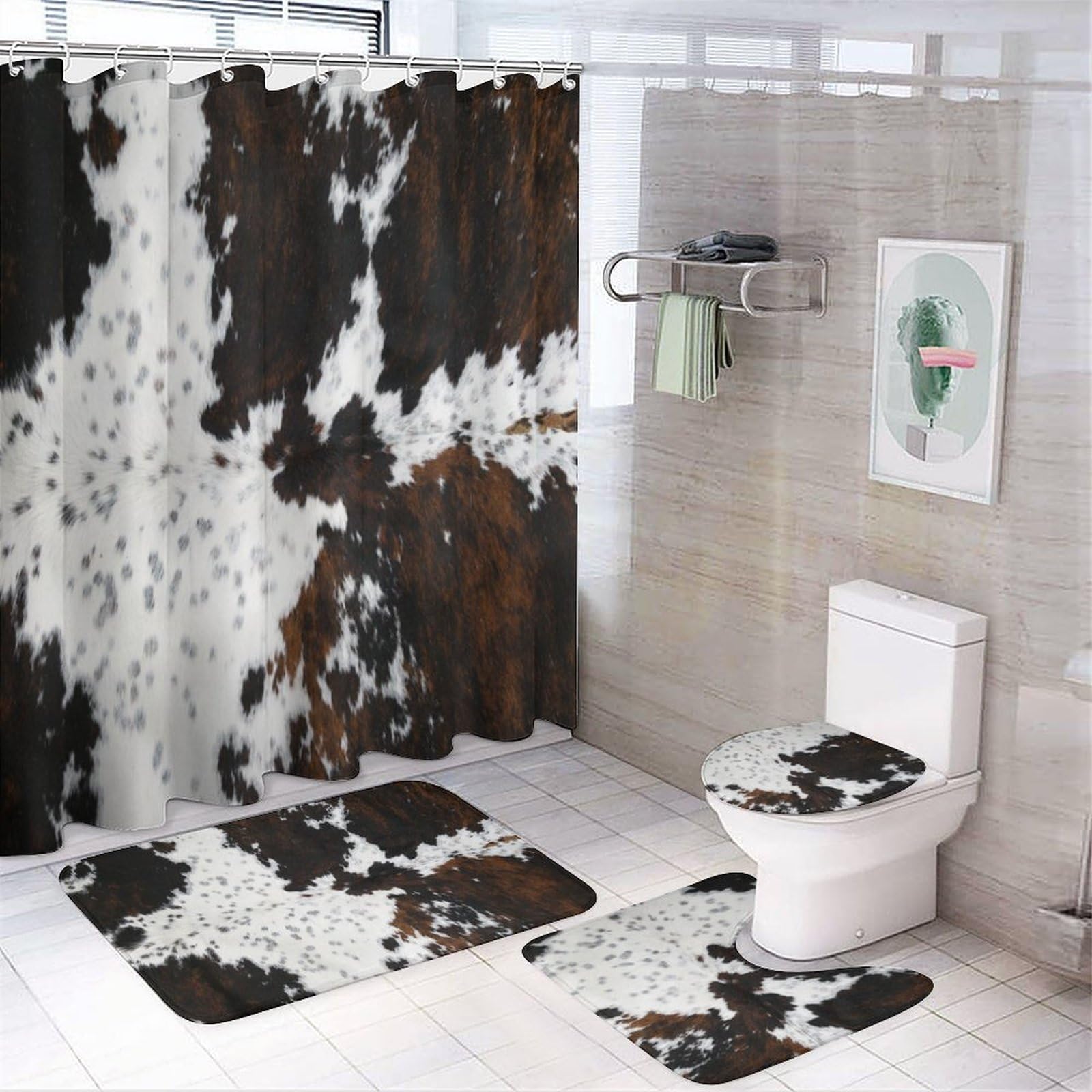 Rustic Cow Skin Print 4 Piece Shower Curtain Sets,Vintage Abstract Black & Brown Cow Fur Design Non-Slip Rugs,Toilet Lid Cover and Bath Mat,Durable and Waterproof,for Bathroom Decor Set
