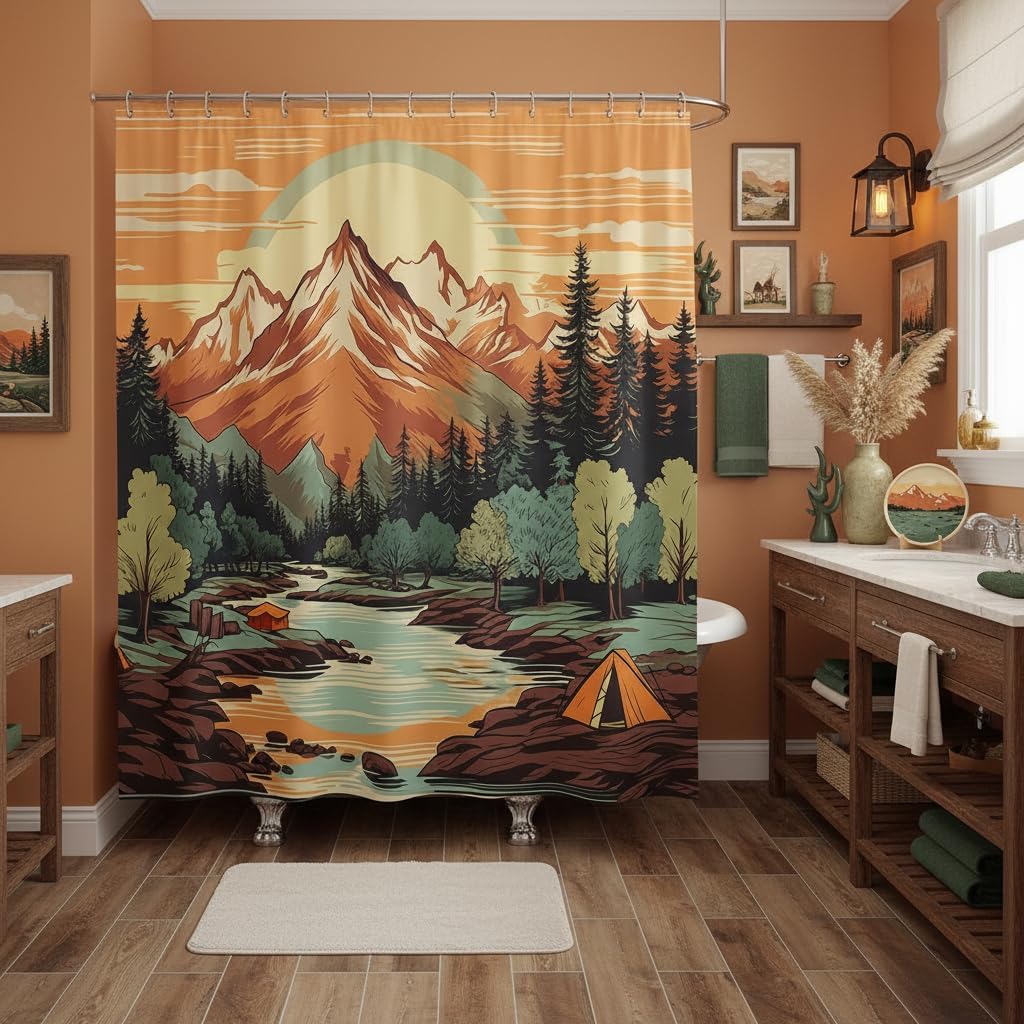 Mountain River Shower Curtain, Nature Scenery Tent Printed Bathroom Decor for Kids Boys Girls, Retro Adventure Theme Waterproof Camping Luxury Bath Curtain, 12 Hooks, 72"Wx84"L image 2