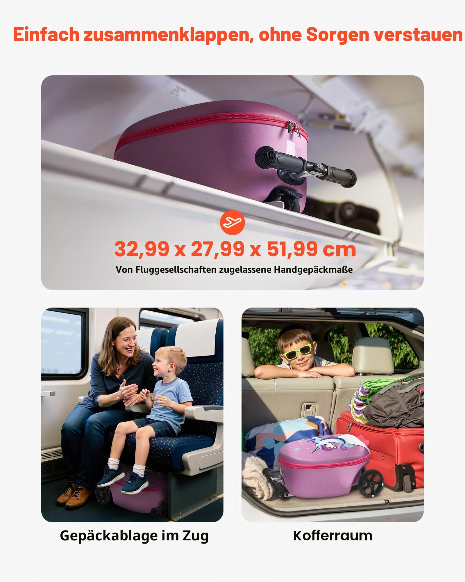 VEVOR Scooter Koffer, 20 L Fassungsvermögen, Reisekoffer mit Flash-PU-Rädern, TPR-Anti-Rutsch-Griff, max. Gewichtskapazität 50 kg, Kinderkoffer Handgepäck, für Kinder ab 5 Jahren, Lila