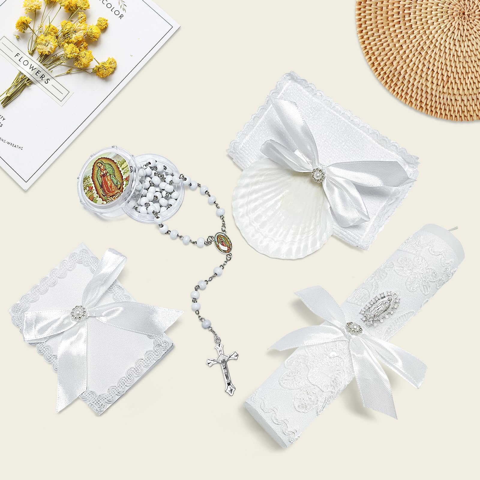 Brilucky Taufkerzen-Set für Jungen und Mädchen weiß 5-teiliges Tauf-Set Virgen De Guadalupe katholische Kerze Tauftuch Taufmuschel Rosenkranz Bibel für Baby-Widmung Taufgeschenk Velas para Bautizo