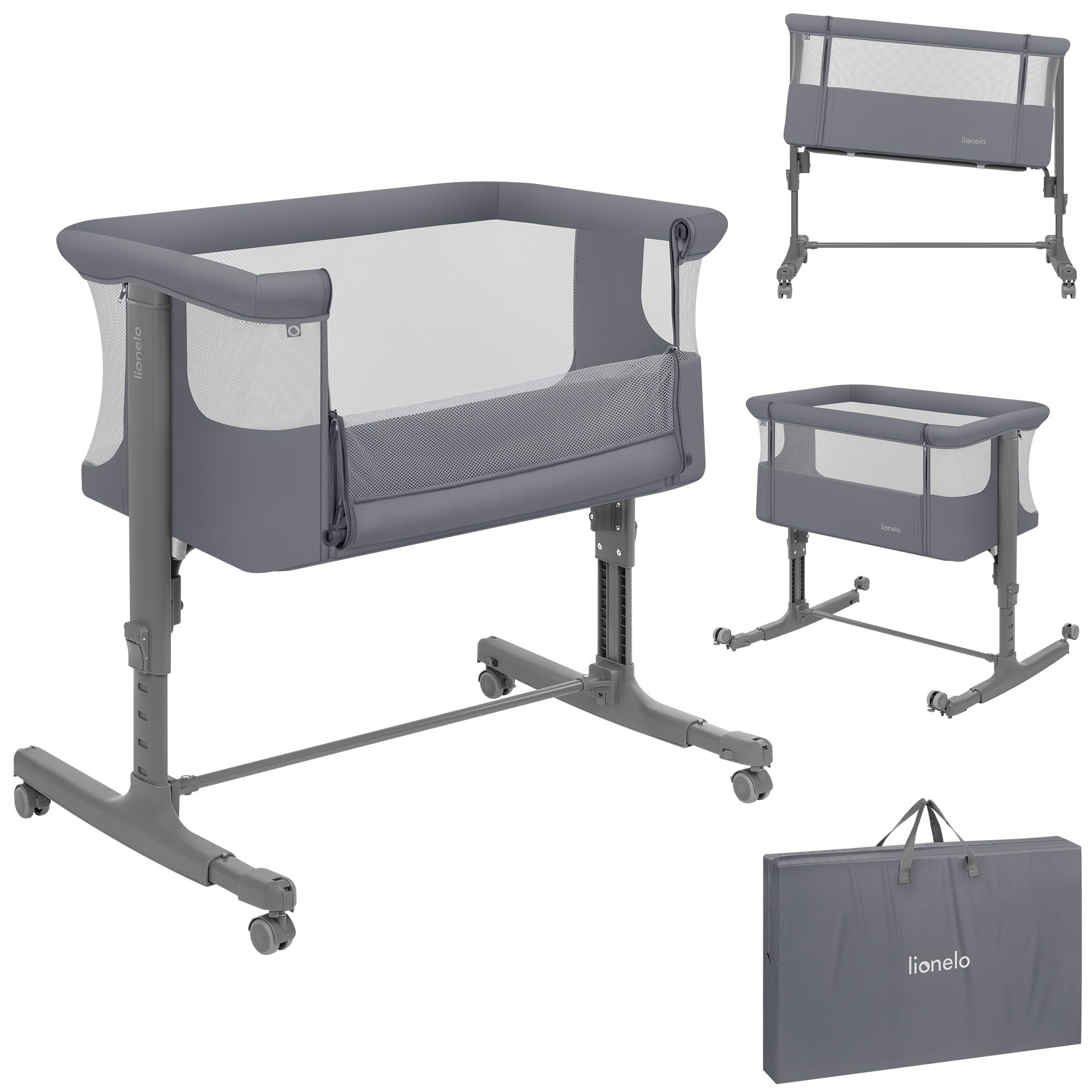lionelo Aurora 3in1 Baby Bedside Cot Co-Sleeper for Babies From Birth to 9kg, Adjustable Height & Incline, Mattress, 4 Lockable Wheels, Breathable, Portable, Washable, Bag, Straps