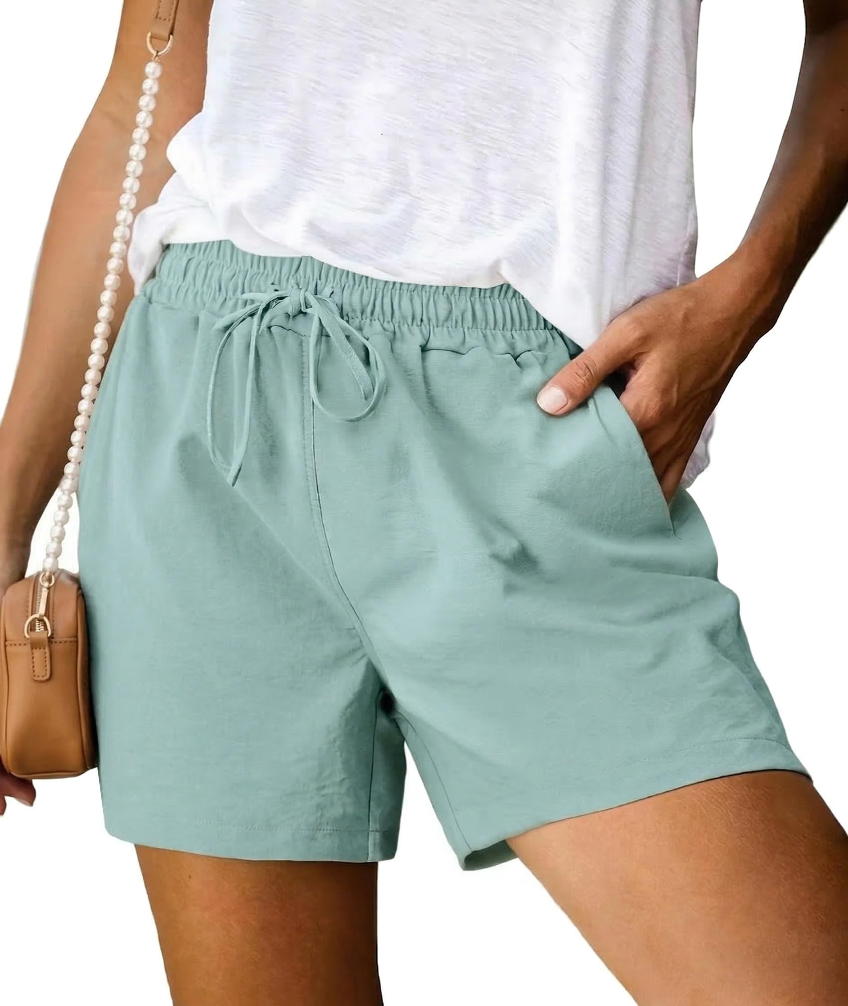Terecey Kurze Hose Damen Sommer Leinen Freizeithose Beach Bermuda Shorts | Locker mit Elastikbund, Kordelzug Und Seitentaschen, 49 % Rayon/17 % Nylon/34 % Polyester, für Alltag Urlaub Freizeit Sport