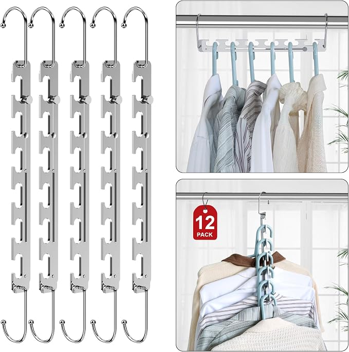 Sindax Space Saving Hangers Telescopic, 6 Holes Clothes Hangers Adjustment to 9 Holes, Upgraded Sturdy Metal Clothes Hangers Space Saving for Heavy Clothes, Closet Organizers and Storage - 12 Pack