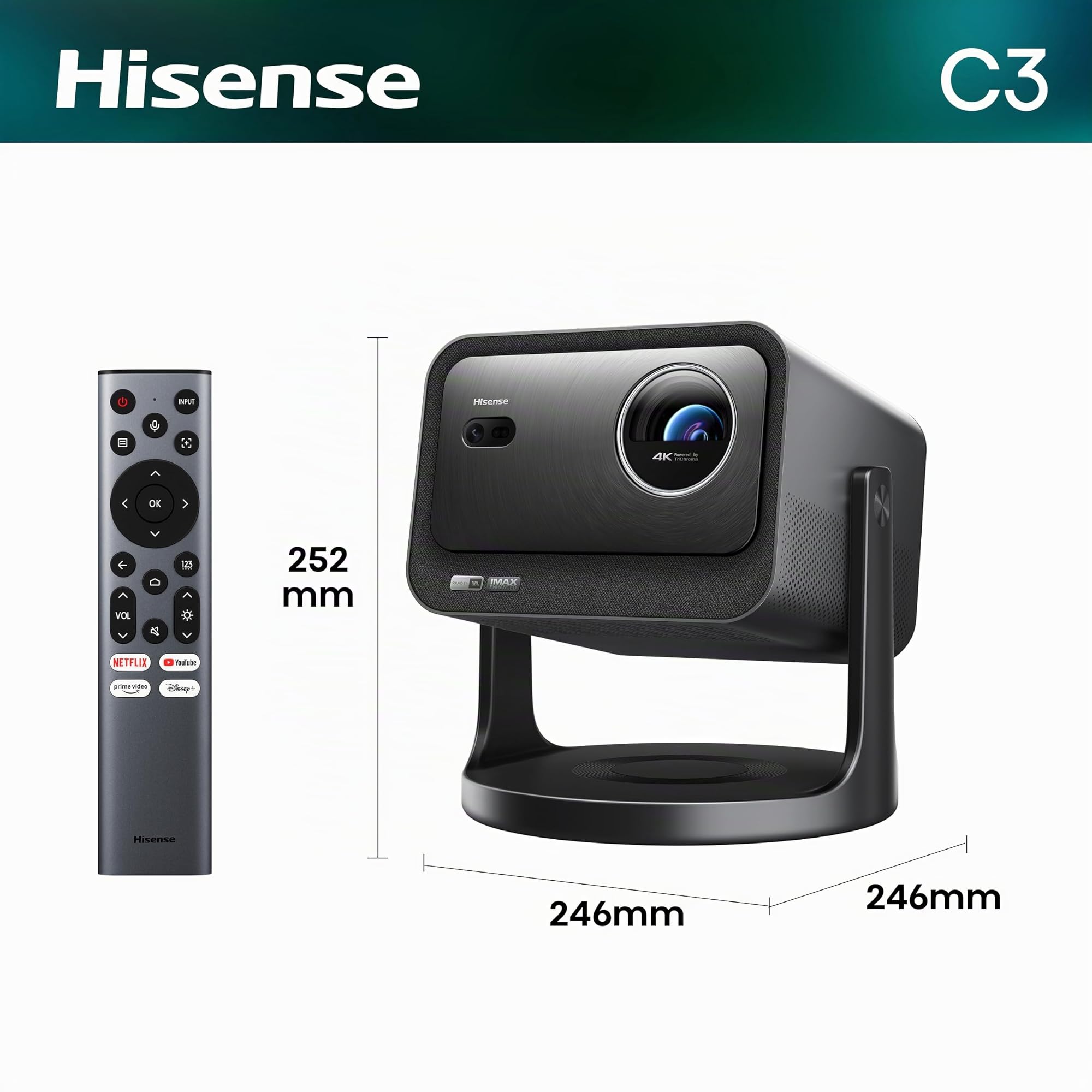 Hisense Proiettore Laser C3, Proietta immagini da 65 a 300" in 4K, 2500 ANSI lumen, Smart OS VIDAA, Risoluzione 4K, Teconologia a Triplo Laser, Zoom Ottico, Dolby Vision, HDR10+, Audio JBL 20W