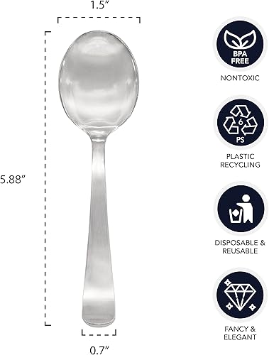 Miniatura 2 de Party Essentials Cubiertos de plástico desechablescubiertos de alta resistencia para todos los eventos, 50 cucharas de sopa, plata brillante