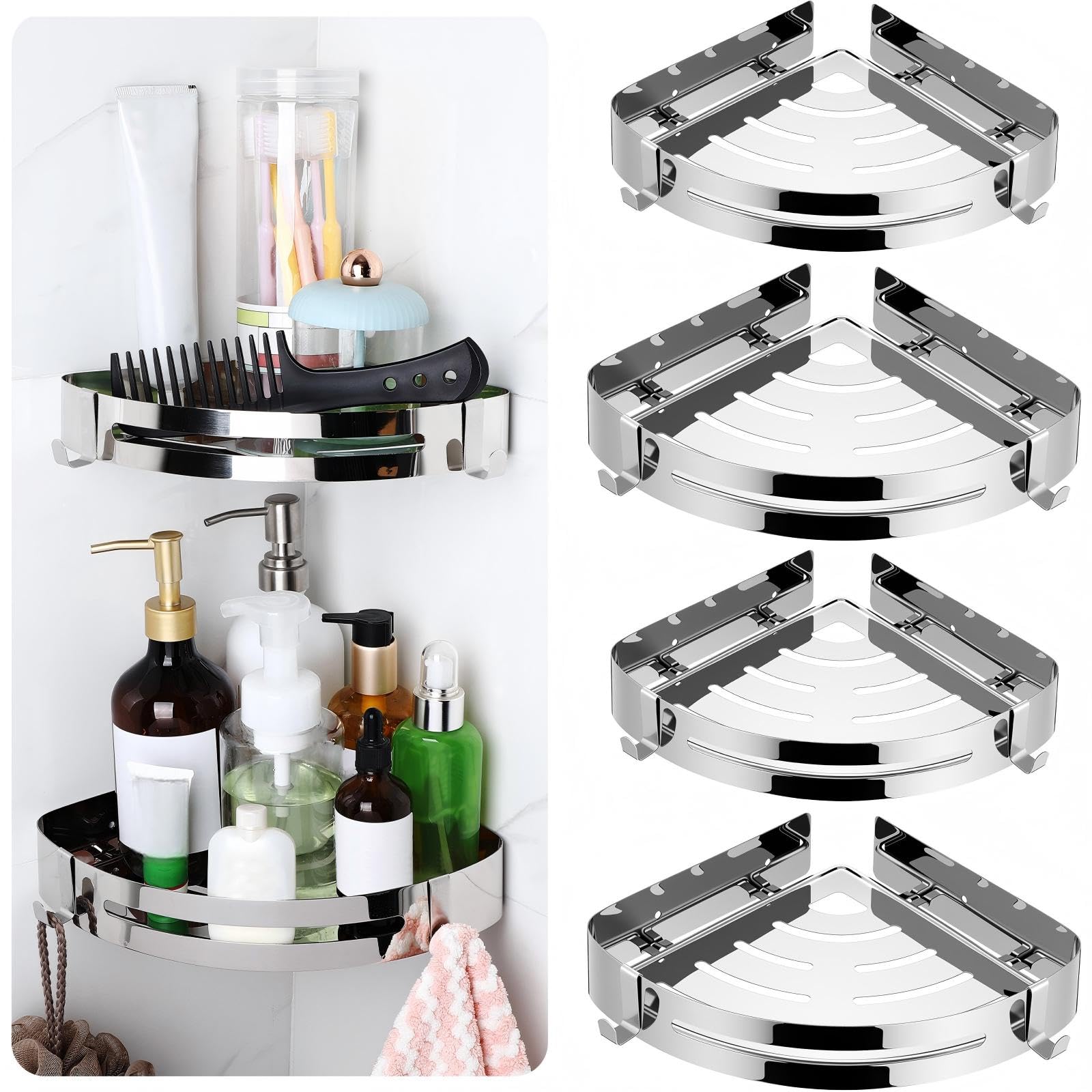 Chunful 4 Pack Bathroom Shower Caddy - Stainless Steel Shower Shelves Corner Organizer with 8 Hooks No Drill