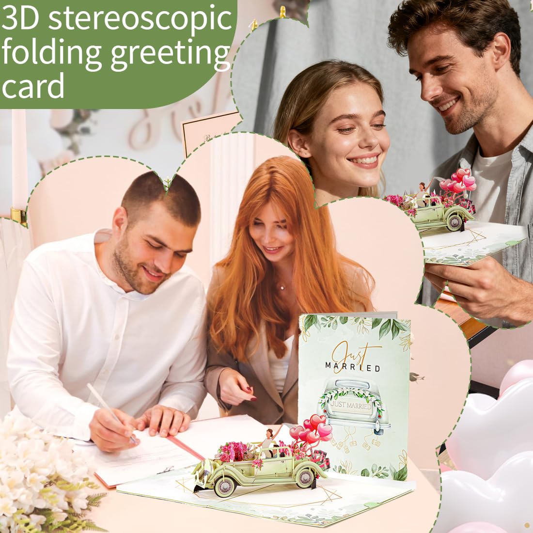 Biglietto Pop-Up 3D Auto Just Married per Matrimonio, Elegante Regalo Denaro per Nozze