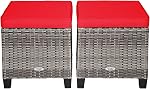 HAPPYGRILL Patio Ottoman Set of 2, Outdoor Rattan Wicker Ottoman Seat with Removable Cushions, Patio Furniture Footstool Footrest Seat (Mix Grey & Red)